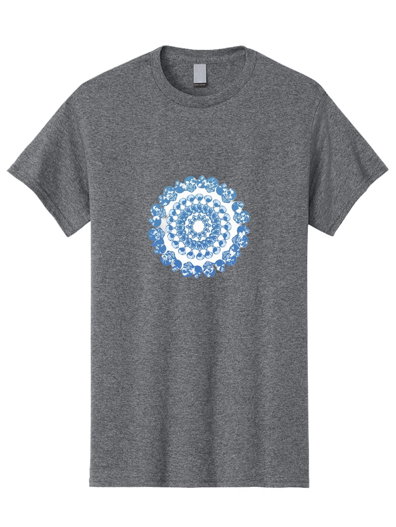 Skull-Mandala-3 Men'S Graphic Tee, 100% Cotton, Comfortable Casual Summer Wear, Machine Washable, Blue And White Mandala, Intricate Illustrations, Stylized Human Heads, Concentric Pattern, Abstract Artwork, Surrealism, Artistic Expression, Bad597 6