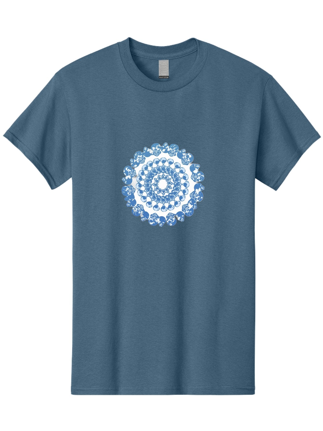 Skull-Mandala-3 Men'S Graphic Tee, 100% Cotton, Comfortable Casual Summer Wear, Machine Washable, Blue And White Mandala, Intricate Illustrations, Stylized Human Heads, Concentric Pattern, Abstract Artwork, Surrealism, Artistic Expression, Bad597 8