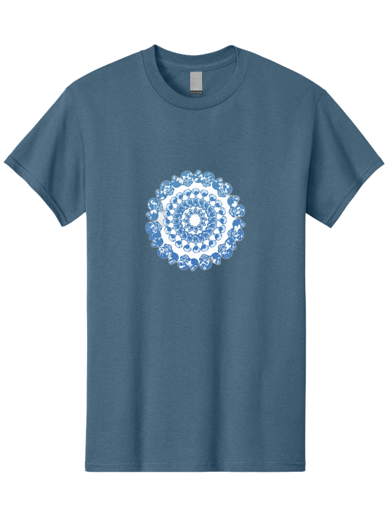 Skull-Mandala-3 Men'S Graphic Tee, 100% Cotton, Comfortable Casual Summer Wear, Machine Washable, Blue And White Mandala, Intricate Illustrations, Stylized Human Heads, Concentric Pattern, Abstract Artwork, Surrealism, Artistic Expression, Bad597 6