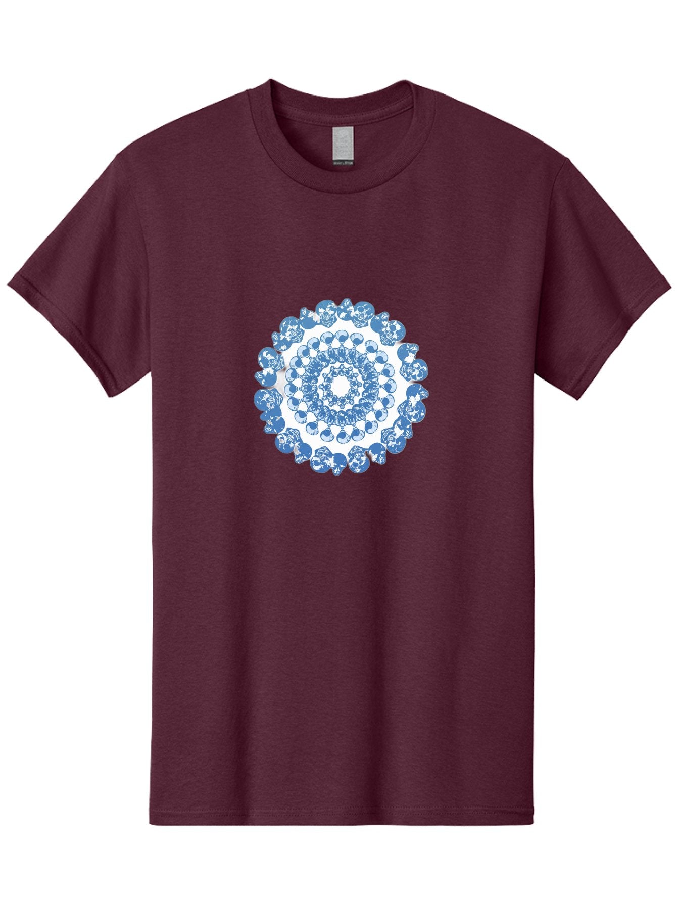Skull-Mandala-3 Men'S Graphic Tee, 100% Cotton, Comfortable Casual Summer Wear, Machine Washable, Blue And White Mandala, Intricate Illustrations, Stylized Human Heads, Concentric Pattern, Abstract Artwork, Surrealism, Artistic Expression, Bad597 11