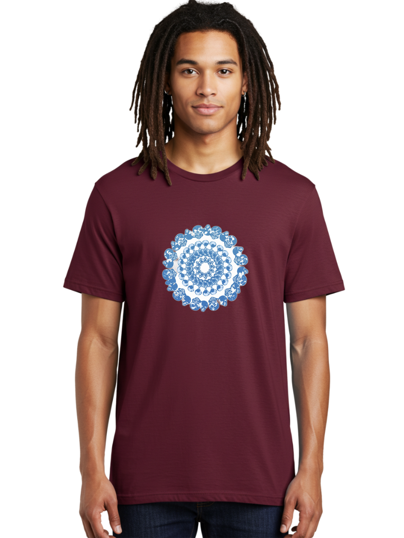 Skull-Mandala-3 Men'S Graphic Tee, 100% Cotton, Comfortable Casual Summer Wear, Machine Washable, Blue And White Mandala, Intricate Illustrations, Stylized Human Heads, Concentric Pattern, Abstract Artwork, Surrealism, Artistic Expression, Bad597 19