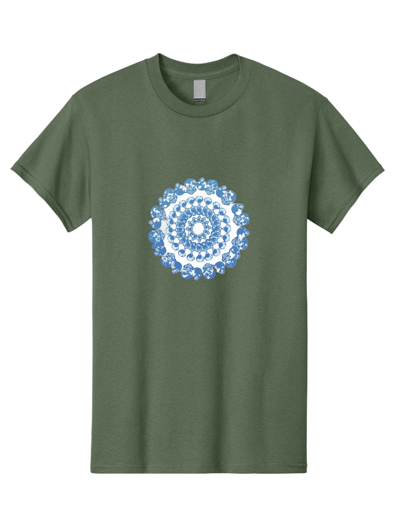Skull-Mandala-3 Men'S Graphic Tee, 100% Cotton, Comfortable Casual Summer Wear, Machine Washable, Blue And White Mandala, Intricate Illustrations, Stylized Human Heads, Concentric Pattern, Abstract Artwork, Surrealism, Artistic Expression, Bad597 5