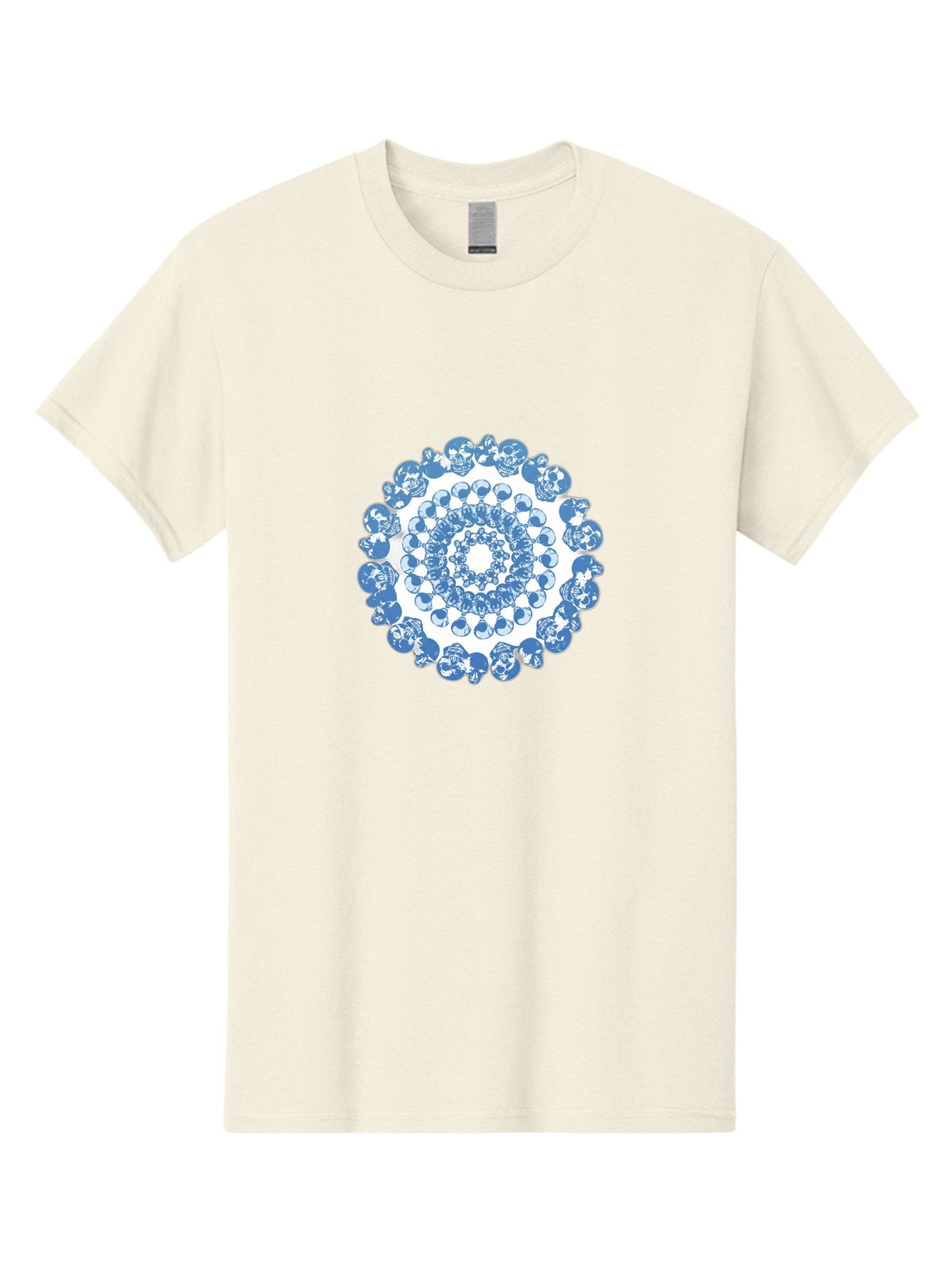 Skull-Mandala-3 Men'S Graphic Tee, 100% Cotton, Comfortable Casual Summer Wear, Machine Washable, Blue And White Mandala, Intricate Illustrations, Stylized Human Heads, Concentric Pattern, Abstract Artwork, Surrealism, Artistic Expression, Bad597 3