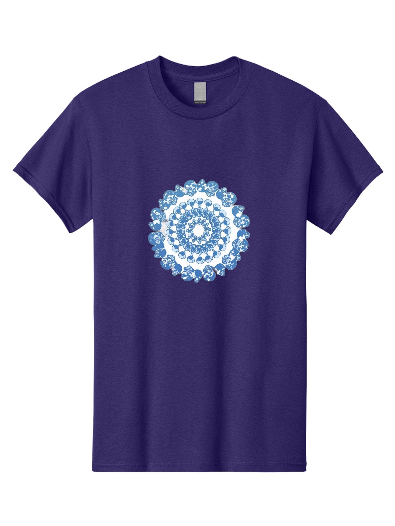 Skull-Mandala-3 Men'S Graphic Tee, 100% Cotton, Comfortable Casual Summer Wear, Machine Washable, Blue And White Mandala, Intricate Illustrations, Stylized Human Heads, Concentric Pattern, Abstract Artwork, Surrealism, Artistic Expression, Bad597