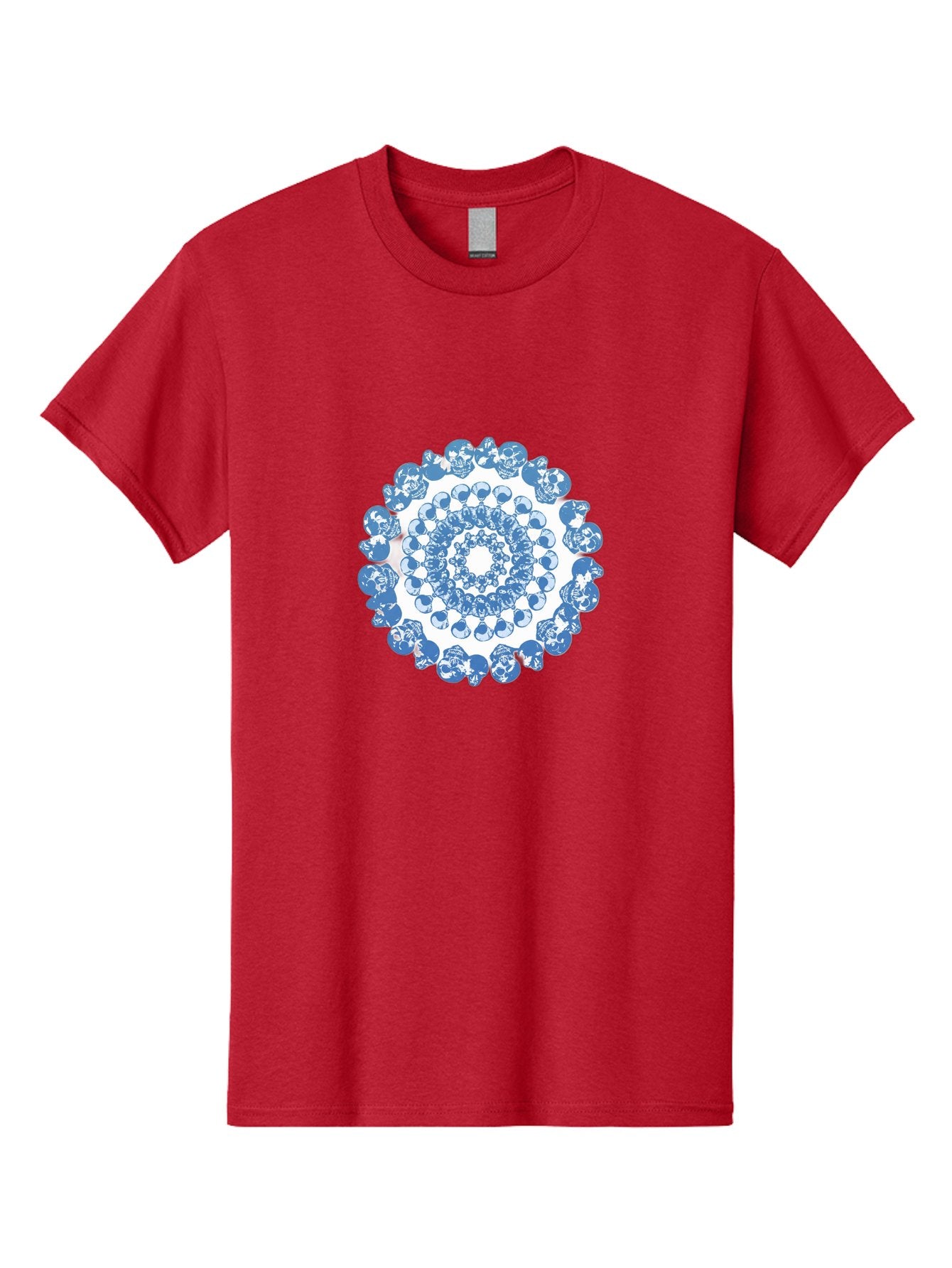 Skull-Mandala-3 Men'S Graphic Tee, 100% Cotton, Comfortable Casual Summer Wear, Machine Washable, Blue And White Mandala, Intricate Illustrations, Stylized Human Heads, Concentric Pattern, Abstract Artwork, Surrealism, Artistic Expression, Bad597 4