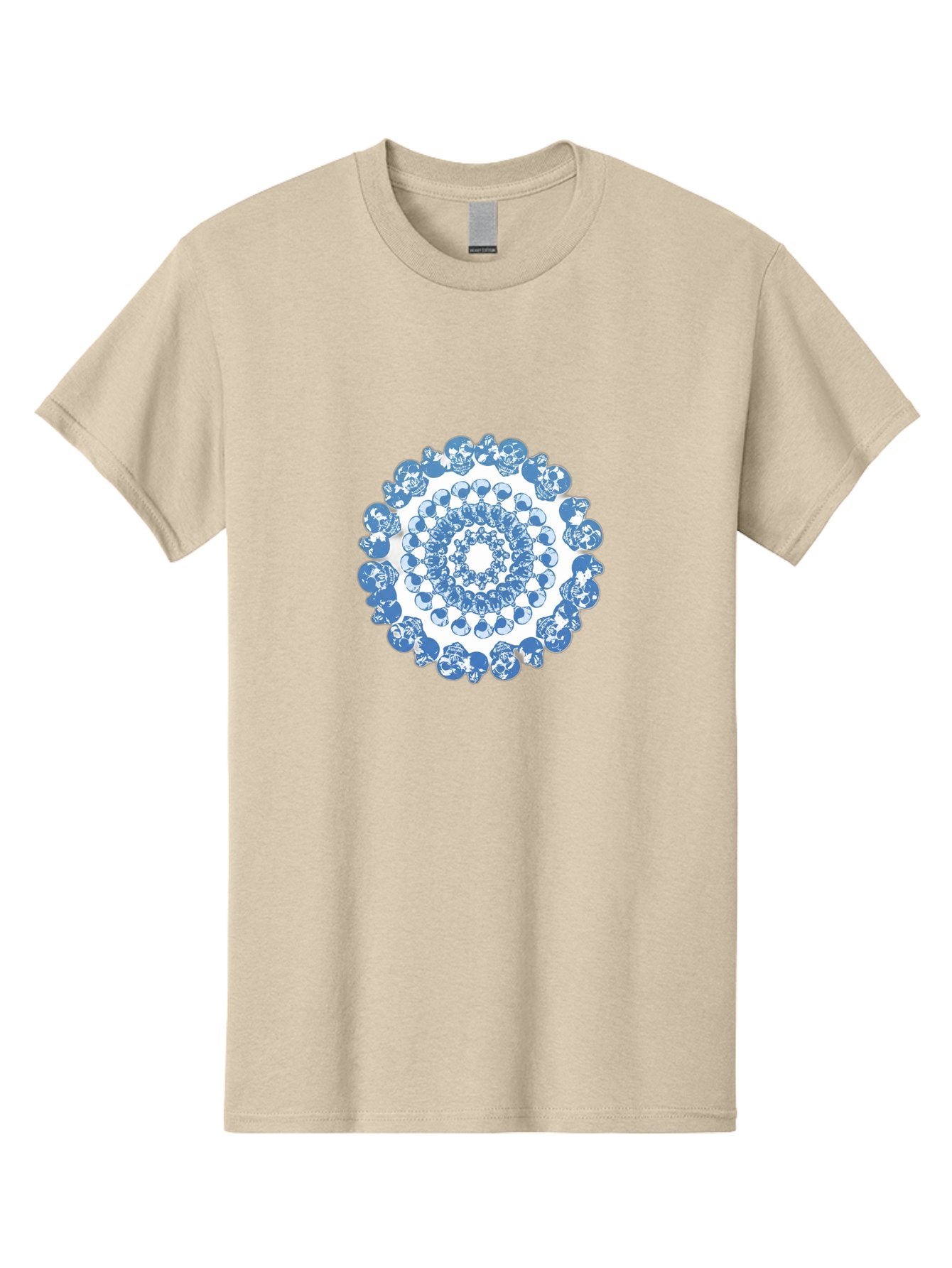 Skull-Mandala-3 Men'S Graphic Tee, 100% Cotton, Comfortable Casual Summer Wear, Machine Washable, Blue And White Mandala, Intricate Illustrations, Stylized Human Heads, Concentric Pattern, Abstract Artwork, Surrealism, Artistic Expression, Bad597 15