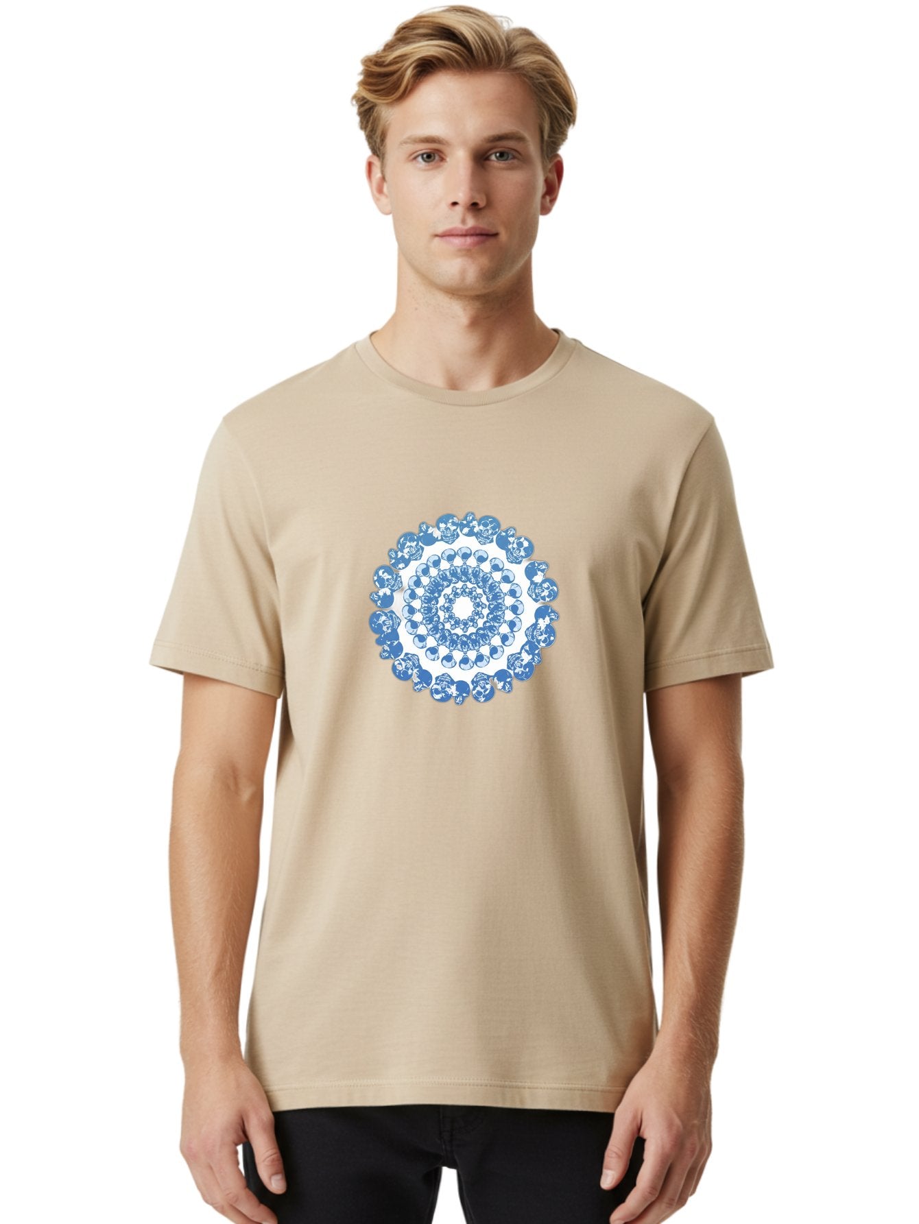 Skull-Mandala-3 Men'S Graphic Tee, 100% Cotton, Comfortable Casual Summer Wear, Machine Washable, Blue And White Mandala, Intricate Illustrations, Stylized Human Heads, Concentric Pattern, Abstract Artwork, Surrealism, Artistic Expression, Bad597 30