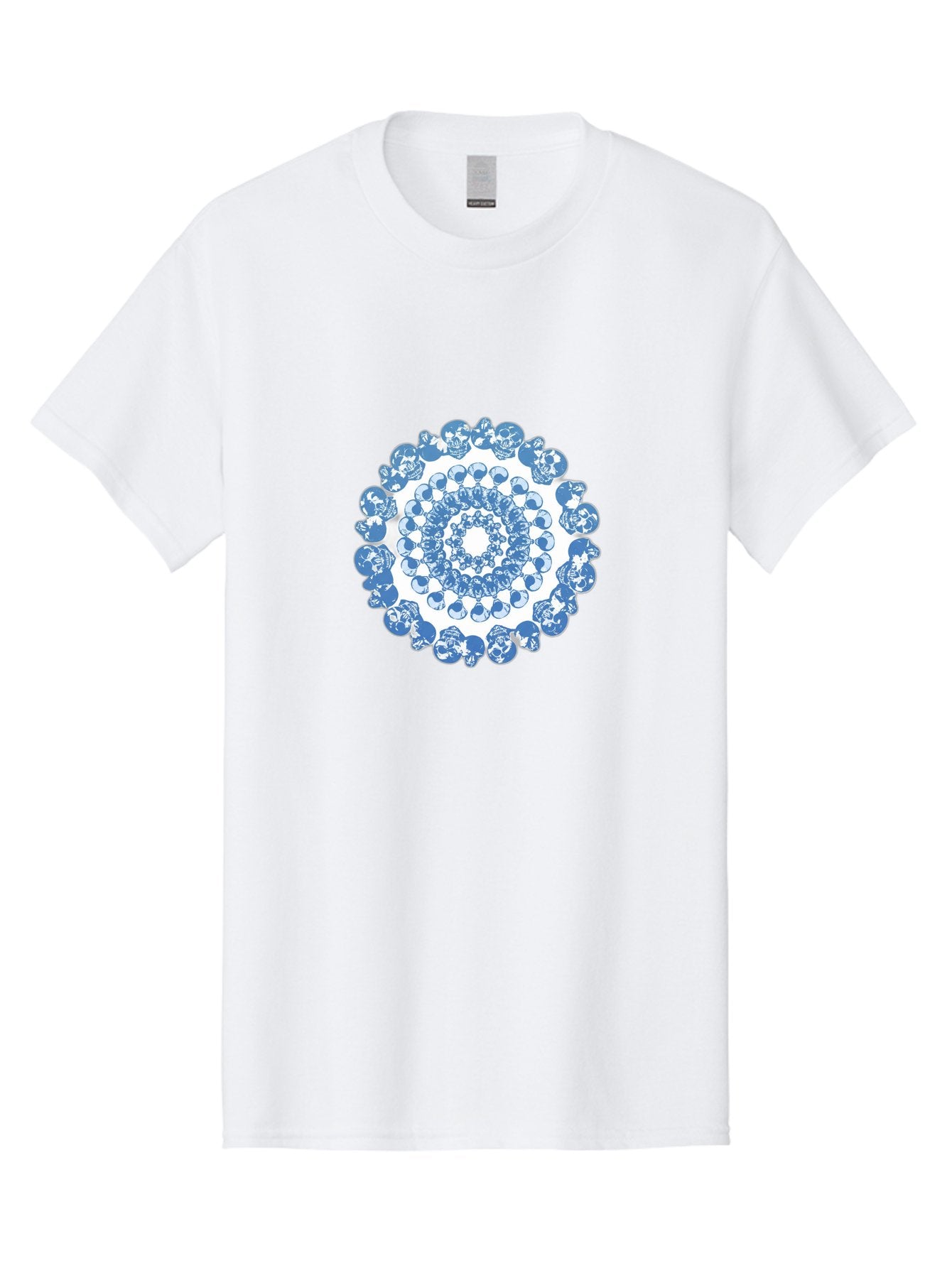 Skull-Mandala-3 Men'S Graphic Tee, 100% Cotton, Comfortable Casual Summer Wear, Machine Washable, Blue And White Mandala, Intricate Illustrations, Stylized Human Heads, Concentric Pattern, Abstract Artwork, Surrealism, Artistic Expression, Bad597 10