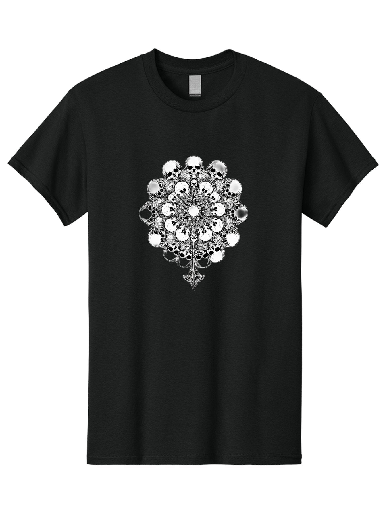 Skull-Mandala-5 Men'S Graphic Tee, 100% Cotton, Comfortable Casual Summer Wear, Machine Washable, Skull Art, Mandala Design, Intricate Patterns, Floral Motifs, Death Symbolism, Mystical Imagery, Gothic Style, Dark Art, Ornate Details Bad599