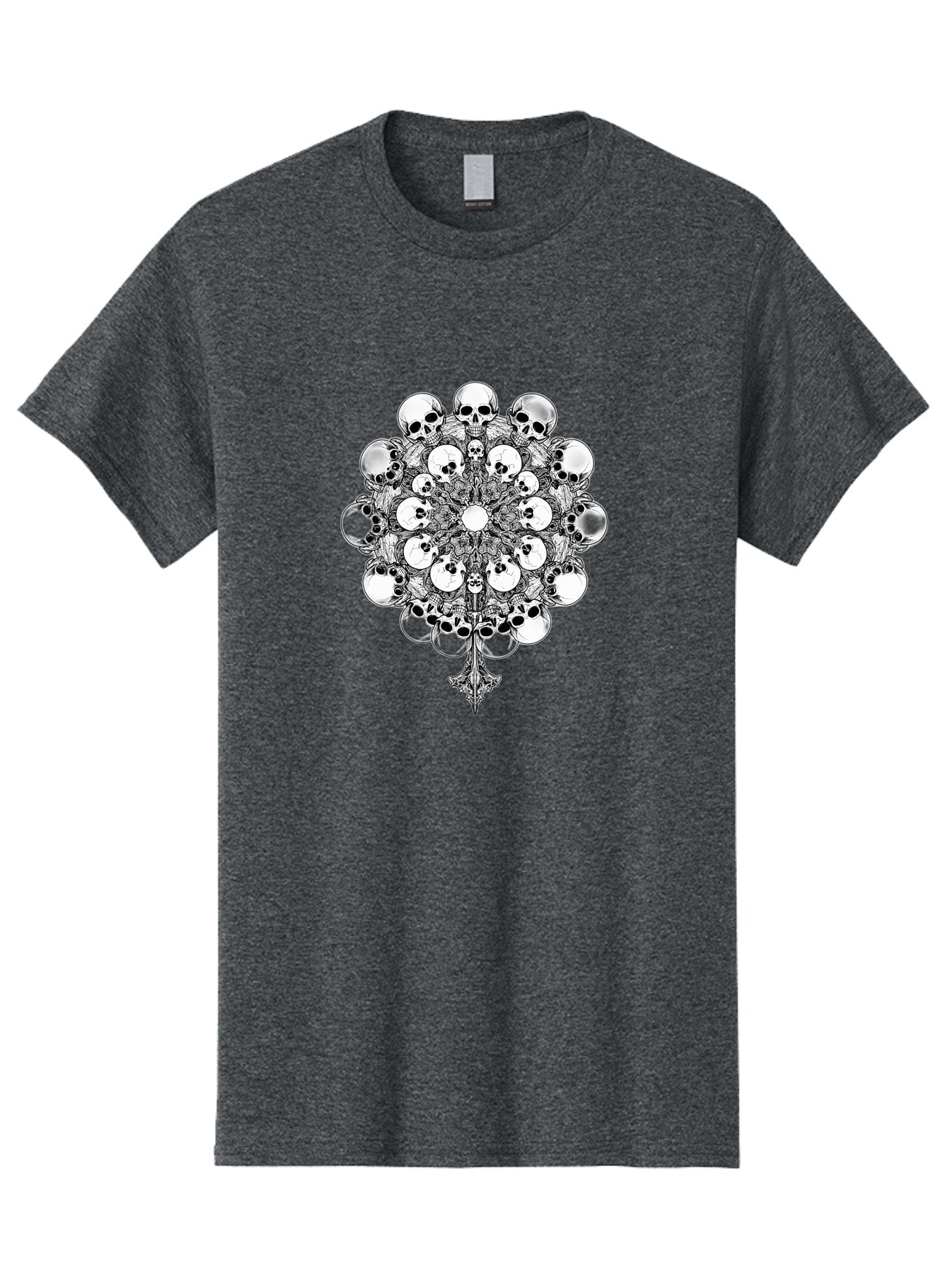 Skull-Mandala-5 Men'S Graphic Tee, 100% Cotton, Comfortable Casual Summer Wear, Machine Washable, Skull Art, Mandala Design, Intricate Patterns, Floral Motifs, Death Symbolism, Mystical Imagery, Gothic Style, Dark Art, Ornate Details Bad599