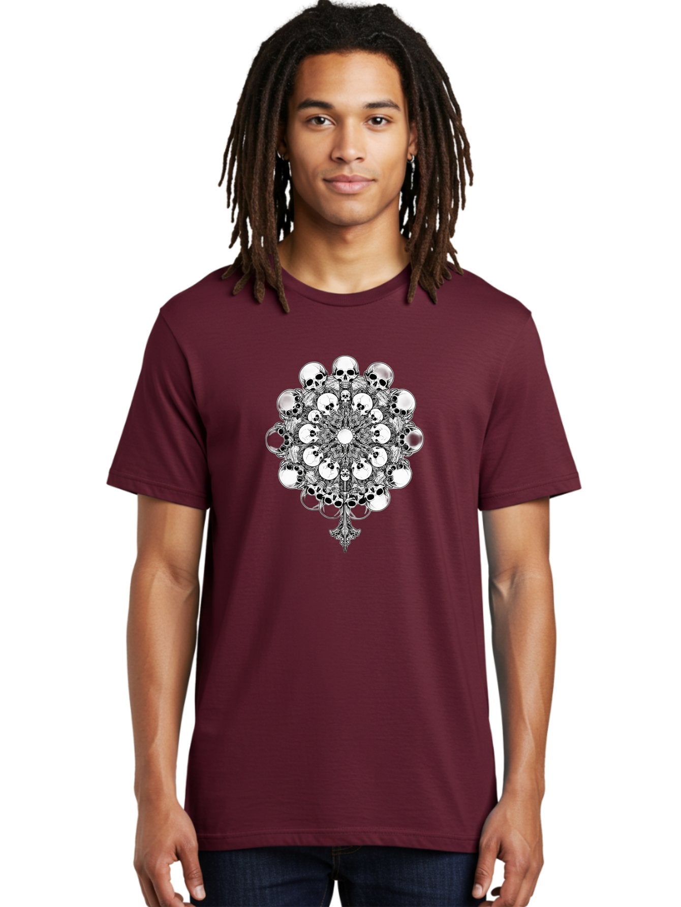 Skull-Mandala-5 Men'S Graphic Tee, 100% Cotton, Comfortable Casual Summer Wear, Machine Washable, Skull Art, Mandala Design, Intricate Patterns, Floral Motifs, Death Symbolism, Mystical Imagery, Gothic Style, Dark Art, Ornate Details Bad599 24