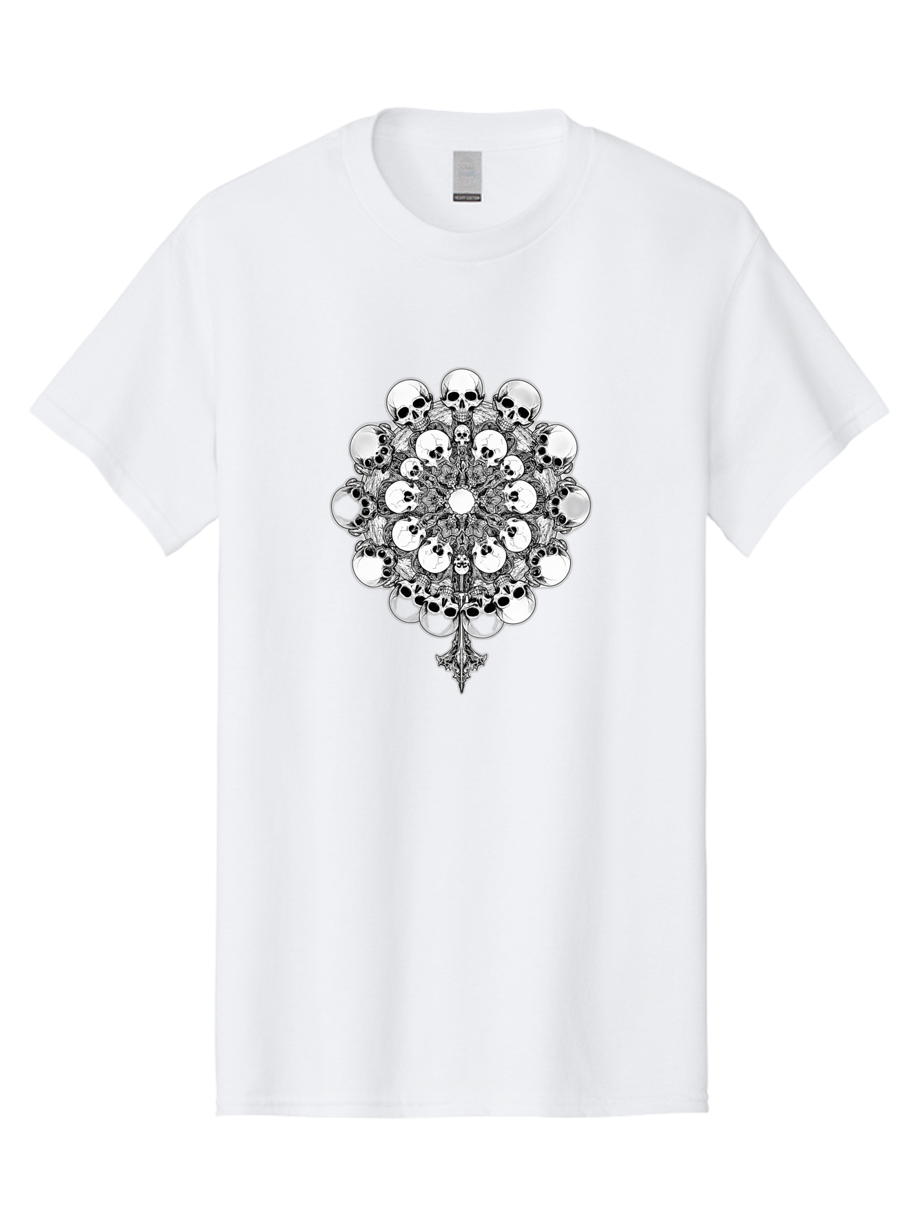 Skull-Mandala-5 Men'S Graphic Tee, 100% Cotton, Comfortable Casual Summer Wear, Machine Washable, Skull Art, Mandala Design, Intricate Patterns, Floral Motifs, Death Symbolism, Mystical Imagery, Gothic Style, Dark Art, Ornate Details Bad599
