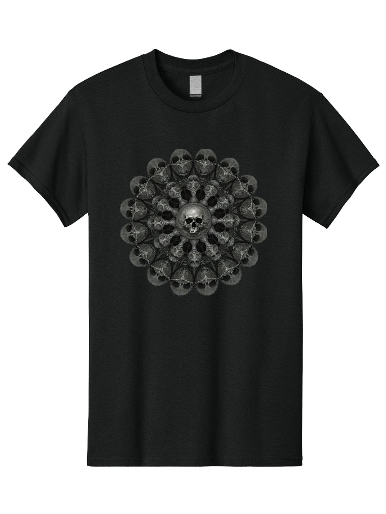 Skull-Mandala-6 Men'S Graphic Tee, 100% Cotton, Comfortable Casual Summer Wear, Machine Washable, Mandala Skull, Skull Pattern, Multiple Skulls, Gothic Art, Dark Art, Surrealism, Symbolic Imagery, Intricate Design, Mysticism, Bad600 12