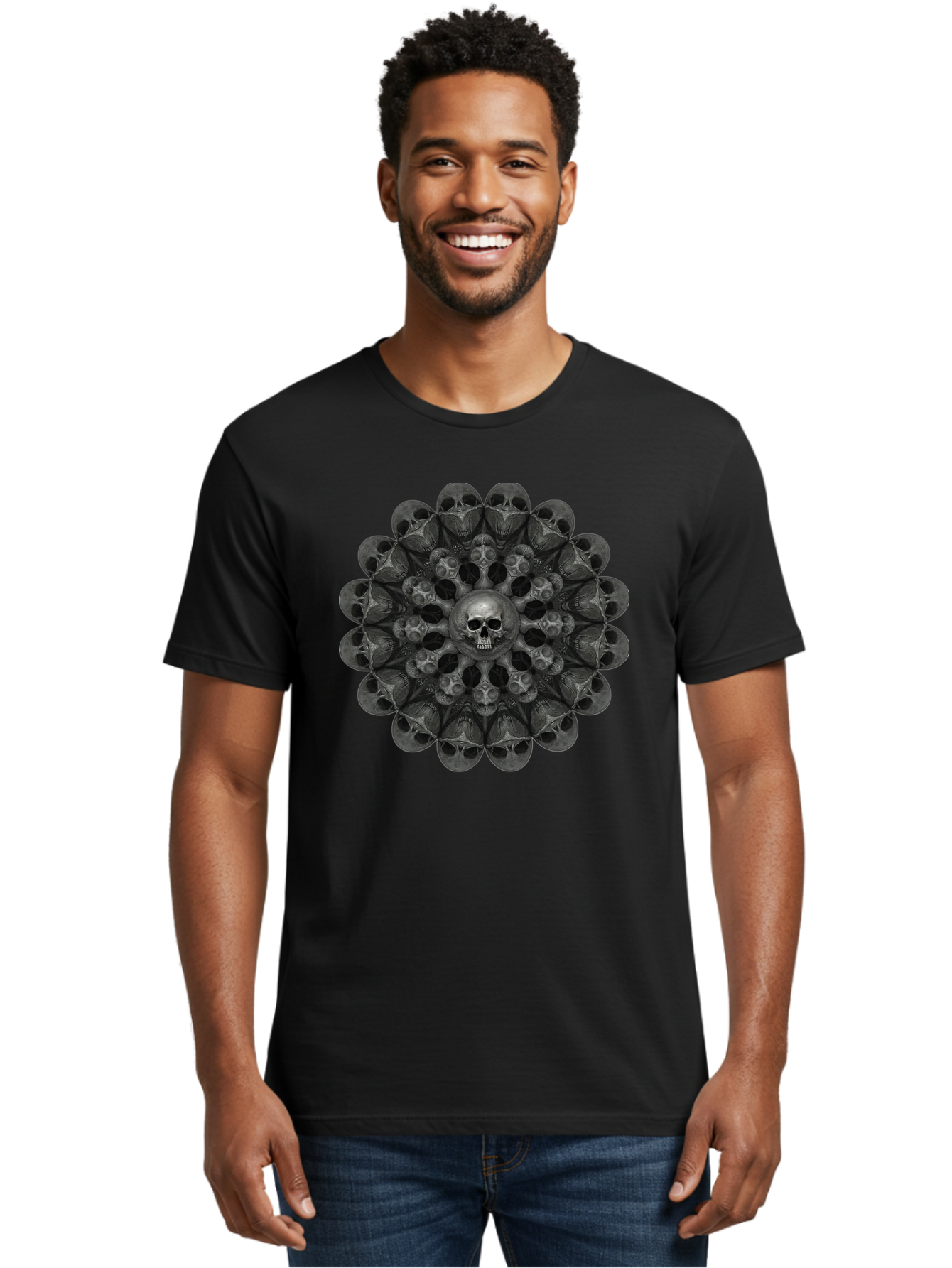 Skull-Mandala-6 Men'S Graphic Tee, 100% Cotton, Comfortable Casual Summer Wear, Machine Washable, Mandala Skull, Skull Pattern, Multiple Skulls, Gothic Art, Dark Art, Surrealism, Symbolic Imagery, Intricate Design, Mysticism, Bad600 18