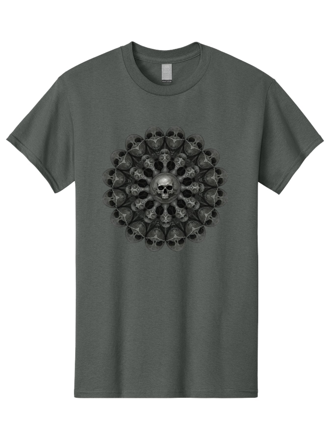 Skull-Mandala-6 Men'S Graphic Tee, 100% Cotton, Comfortable Casual Summer Wear, Machine Washable, Mandala Skull, Skull Pattern, Multiple Skulls, Gothic Art, Dark Art, Surrealism, Symbolic Imagery, Intricate Design, Mysticism, Bad600