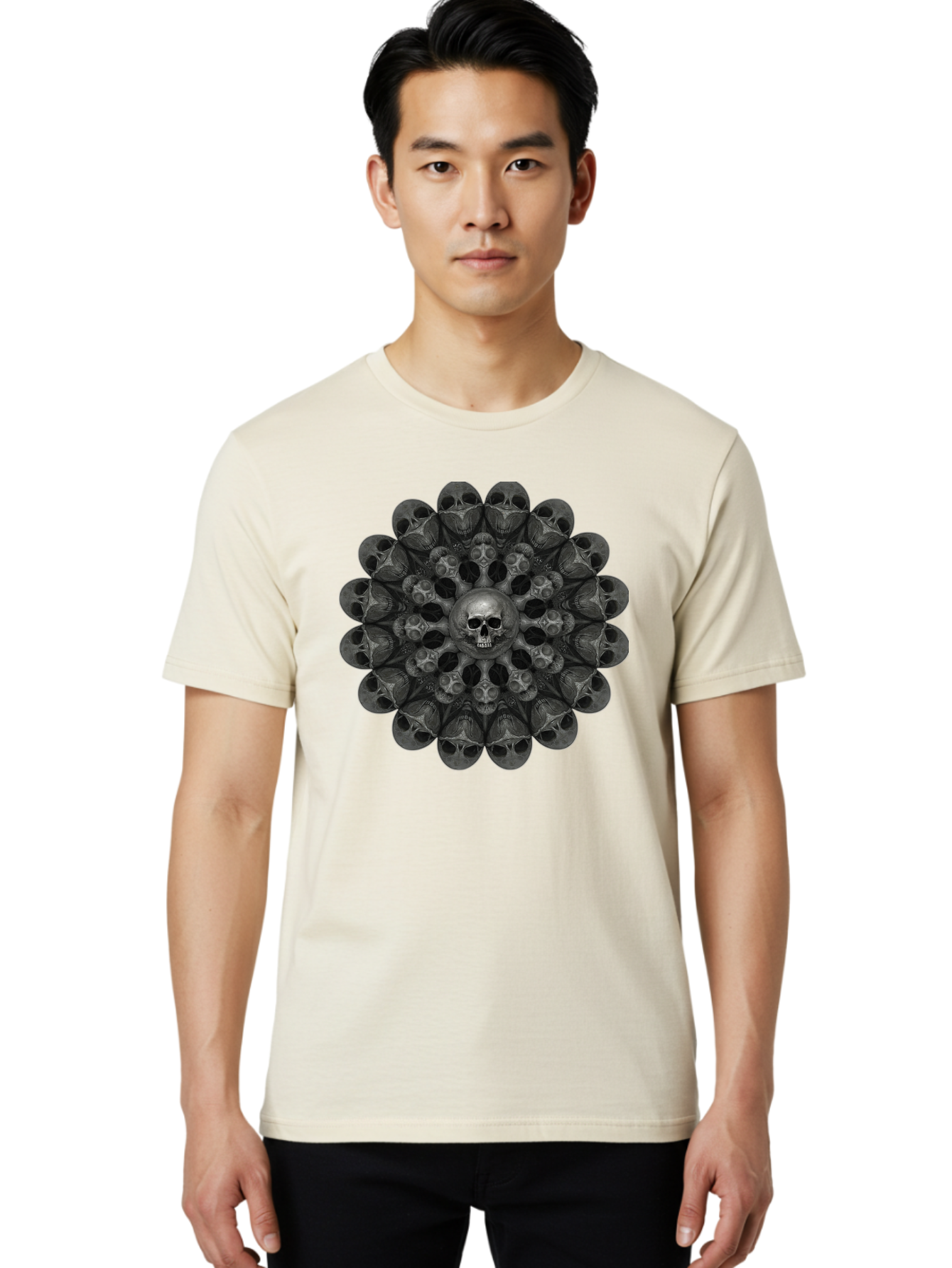 Skull-Mandala-6 Men'S Graphic Tee, 100% Cotton, Comfortable Casual Summer Wear, Machine Washable, Mandala Skull, Skull Pattern, Multiple Skulls, Gothic Art, Dark Art, Surrealism, Symbolic Imagery, Intricate Design, Mysticism, Bad600 21