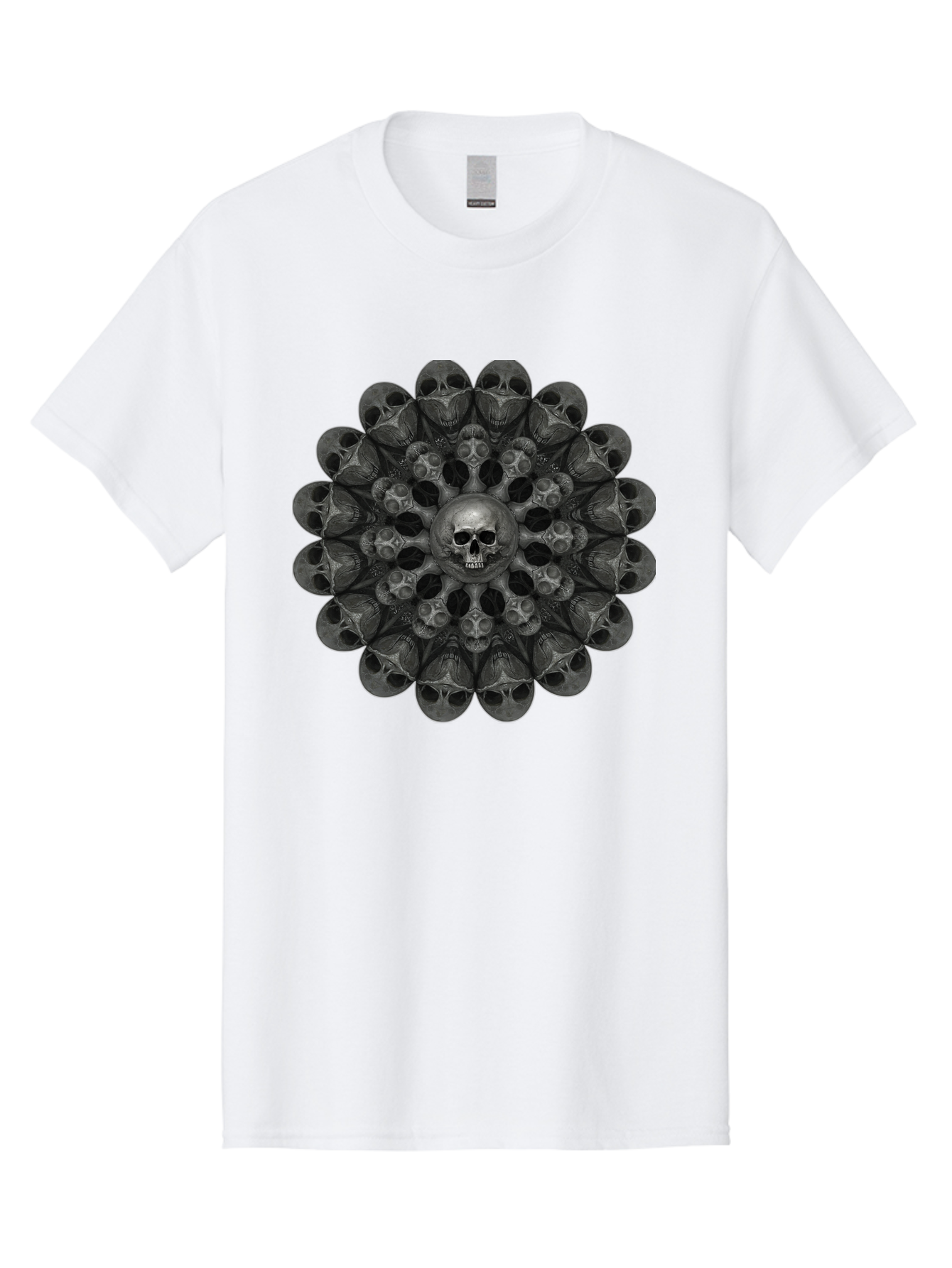 Skull-Mandala-6 Men'S Graphic Tee, 100% Cotton, Comfortable Casual Summer Wear, Machine Washable, Mandala Skull, Skull Pattern, Multiple Skulls, Gothic Art, Dark Art, Surrealism, Symbolic Imagery, Intricate Design, Mysticism, Bad600