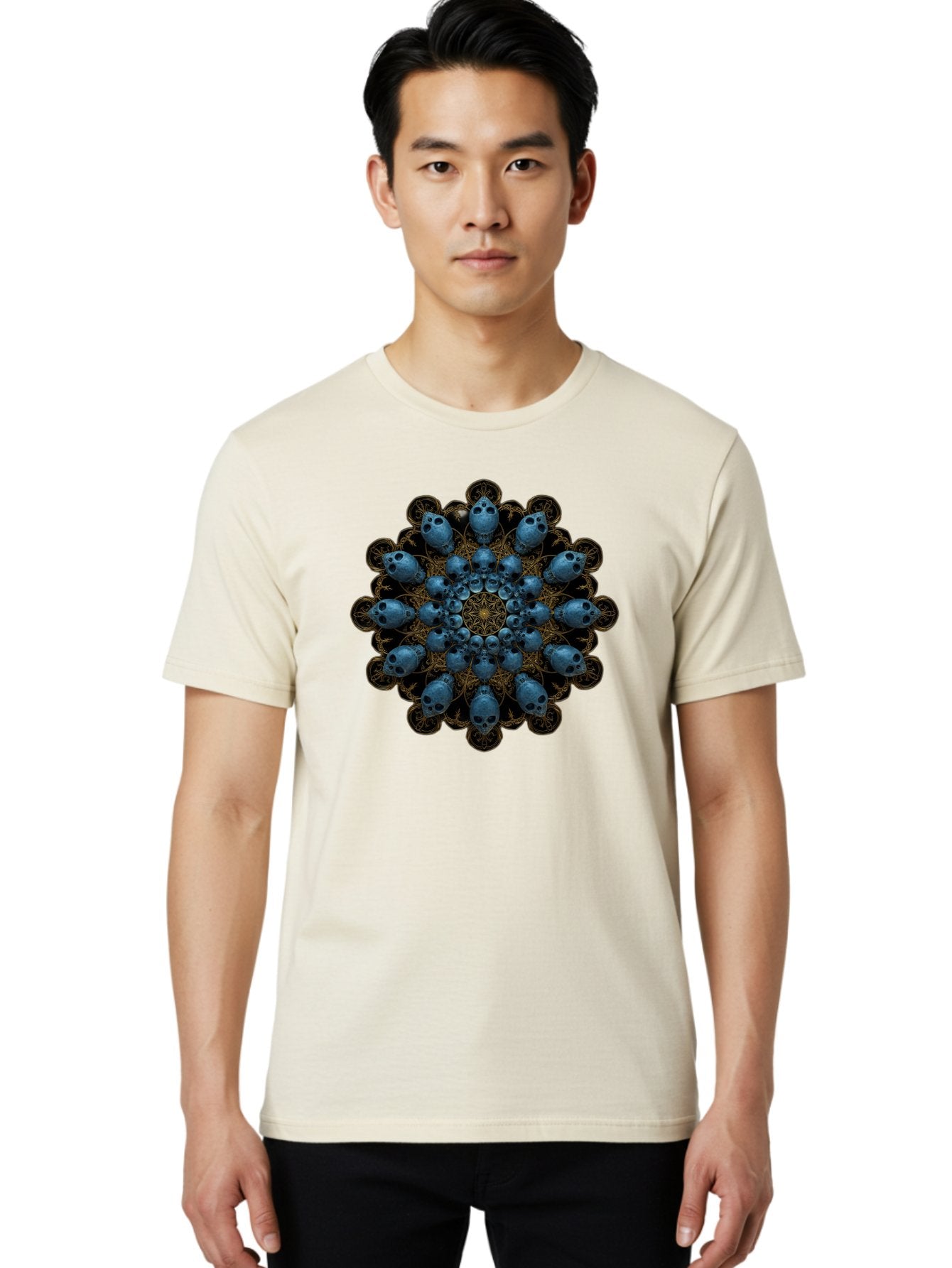 Skull-Mandala-7 Men'S Graphic Tee, 100% Cotton, Comfortable Casual Summer Wear, Machine Washable, Skull Mandala, Symmetrical Design, Intricate Patterns, Gothic Art, Mystical Symbols, Skulls, Mandala Art, Surreal Imagery, Mysterious, Bad601 25