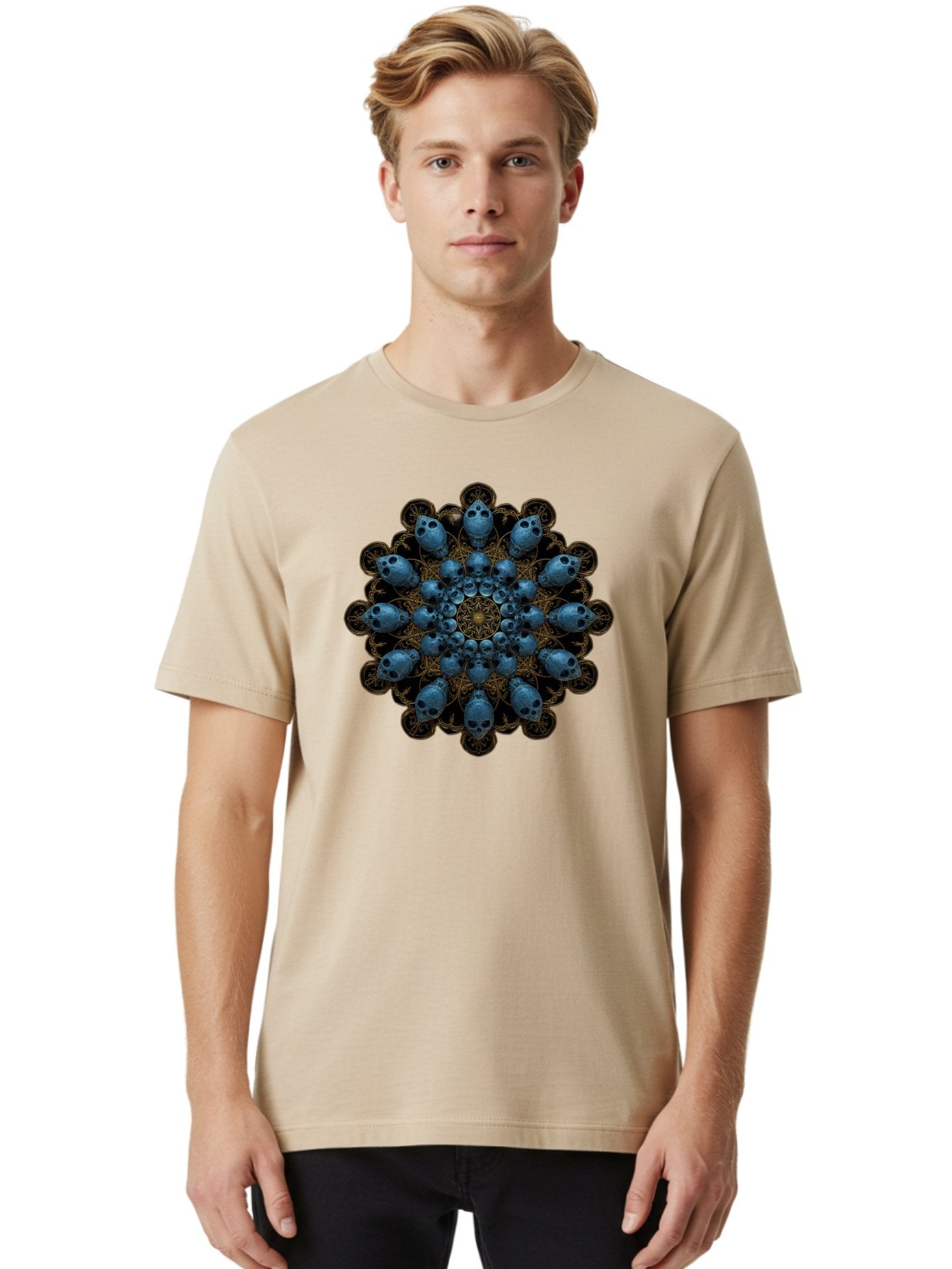 Skull-Mandala-7 Men'S Graphic Tee, 100% Cotton, Comfortable Casual Summer Wear, Machine Washable, Skull Mandala, Symmetrical Design, Intricate Patterns, Gothic Art, Mystical Symbols, Skulls, Mandala Art, Surreal Imagery, Mysterious, Bad601 23