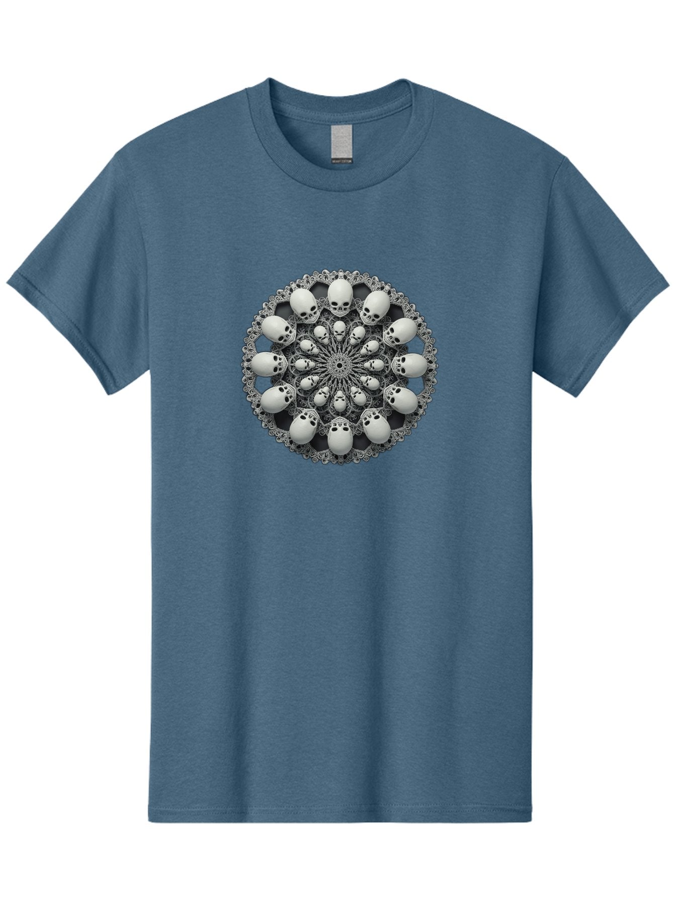 Skull-Mandala Men'S Graphic Tee, 100% Cotton, Comfortable Casual Summer Wear, Machine Washable, Mandala Design, Skull Art, Intricate Patterns, White Skulls, Mystical Symbols, Hypnotic Visuals, Geometric Shapes, Ornate Details, Abstract Art, Bad602