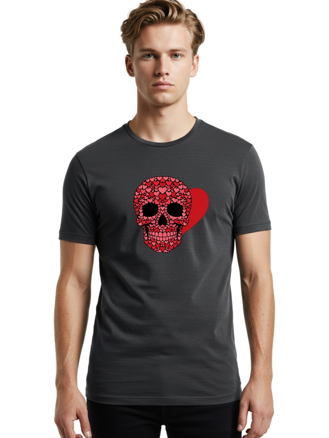 Skull-Of-Hearts Men'S Graphic Tee, 100% Cotton, Comfortable Casual Summer Wear, Machine Washable, Skull With Hearts, Heart-Shaped Skull Design, Sugar Skull Art, Red Hearts, Valentine'S Day Theme, Love Symbol, Heart Pattern, Skull Decoration, Bad603 27