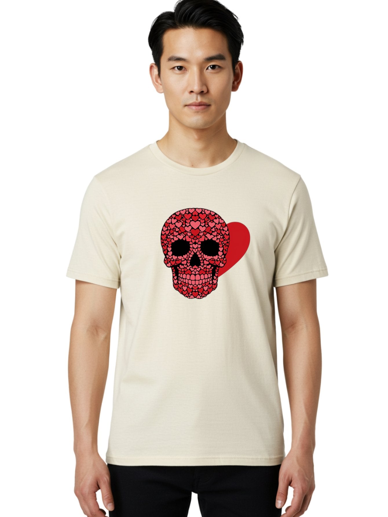 Skull-Of-Hearts Men'S Graphic Tee, 100% Cotton, Comfortable Casual Summer Wear, Machine Washable, Skull With Hearts, Heart-Shaped Skull Design, Sugar Skull Art, Red Hearts, Valentine'S Day Theme, Love Symbol, Heart Pattern, Skull Decoration, Bad603 26