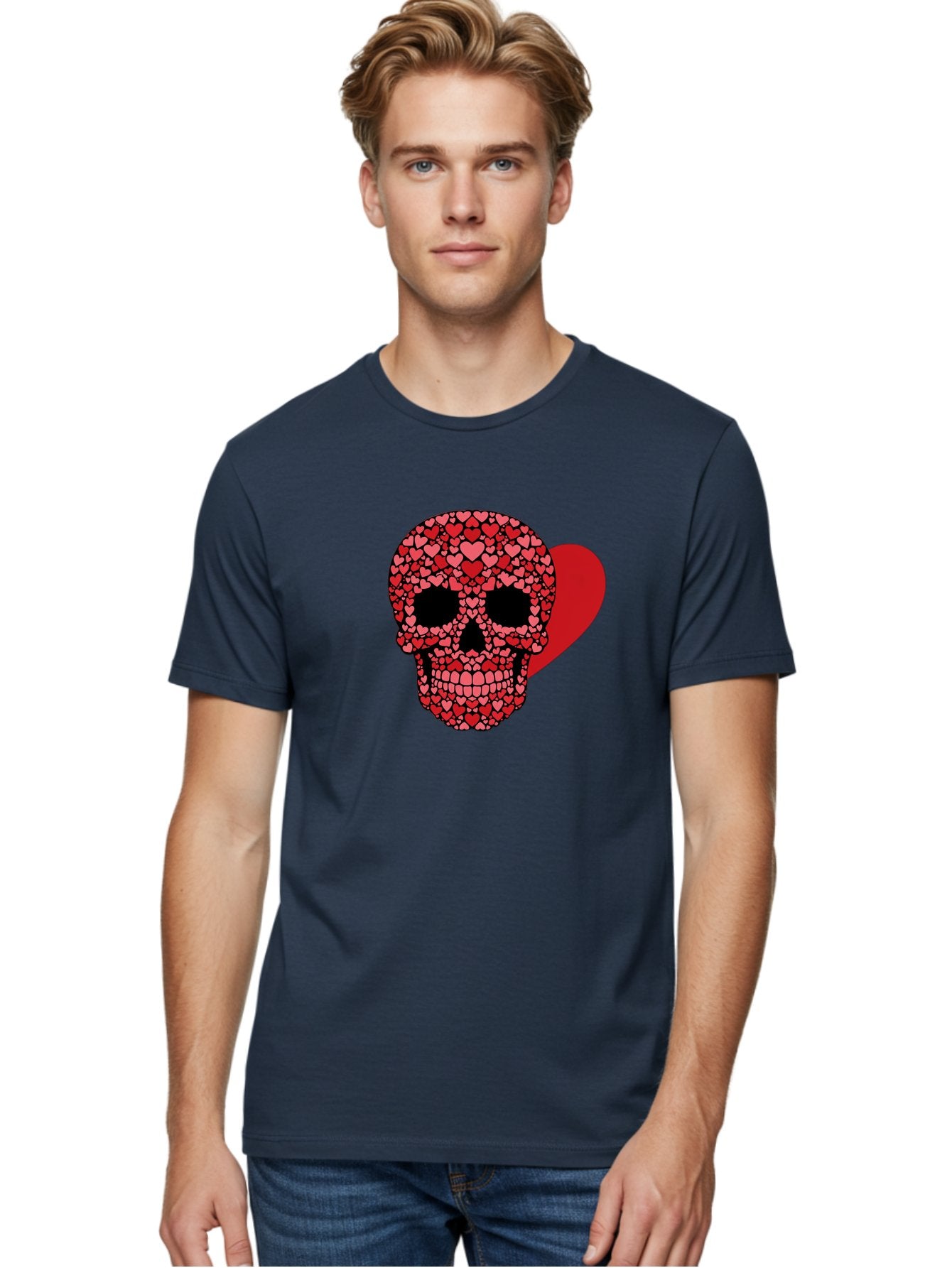 Skull-Of-Hearts Men'S Graphic Tee, 100% Cotton, Comfortable Casual Summer Wear, Machine Washable, Skull With Hearts, Heart-Shaped Skull Design, Sugar Skull Art, Red Hearts, Valentine'S Day Theme, Love Symbol, Heart Pattern, Skull Decoration, Bad603 23