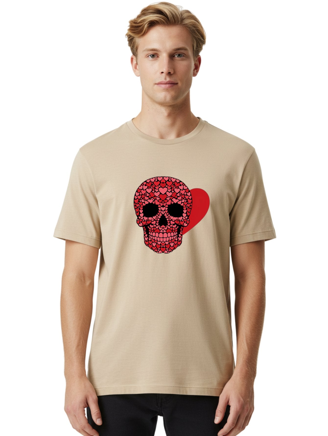 Skull-Of-Hearts Men'S Graphic Tee, 100% Cotton, Comfortable Casual Summer Wear, Machine Washable, Skull With Hearts, Heart-Shaped Skull Design, Sugar Skull Art, Red Hearts, Valentine'S Day Theme, Love Symbol, Heart Pattern, Skull Decoration, Bad603 29