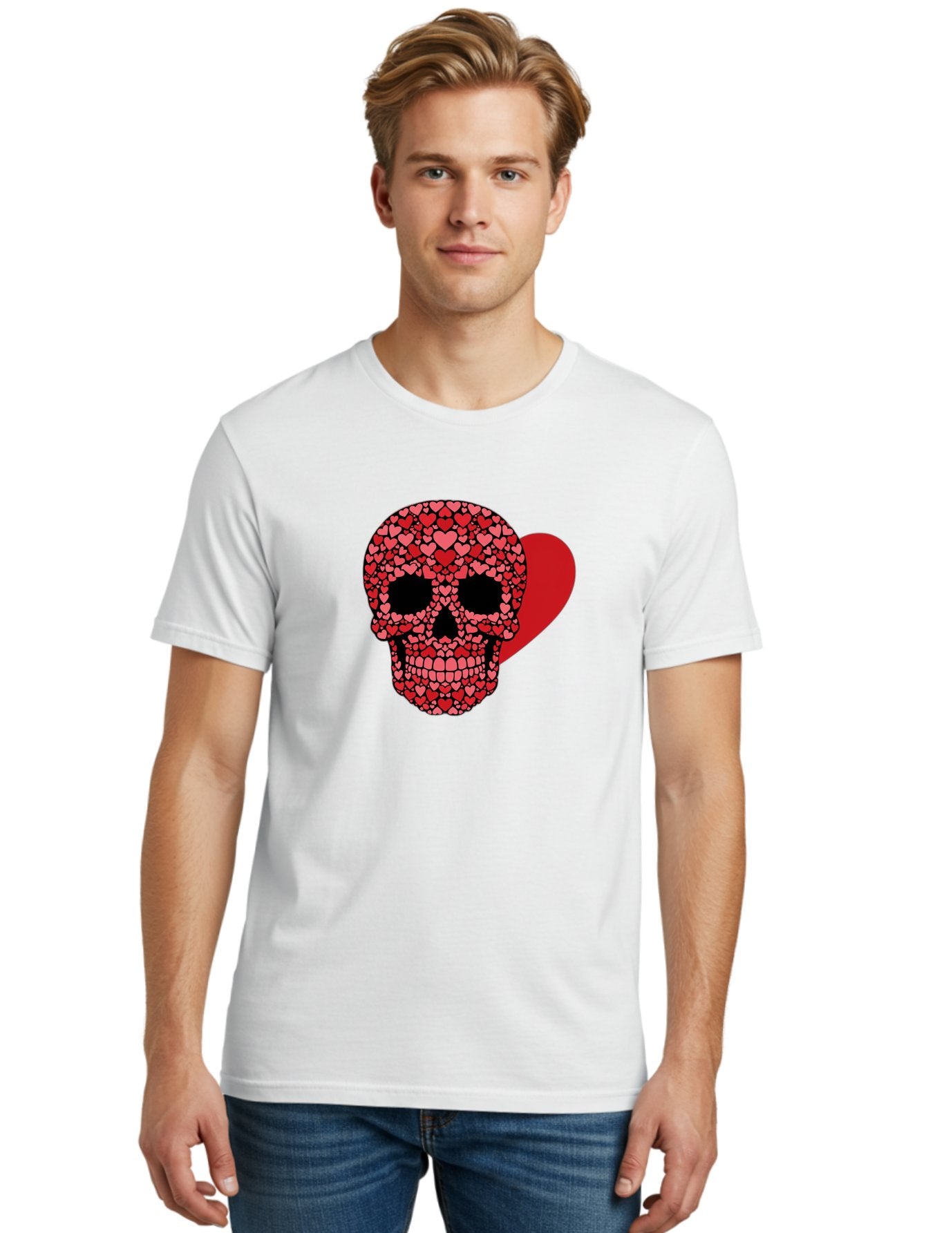 Skull-Of-Hearts Men'S Graphic Tee, 100% Cotton, Comfortable Casual Summer Wear, Machine Washable, Skull With Hearts, Heart-Shaped Skull Design, Sugar Skull Art, Red Hearts, Valentine'S Day Theme, Love Symbol, Heart Pattern, Skull Decoration, Bad603 21