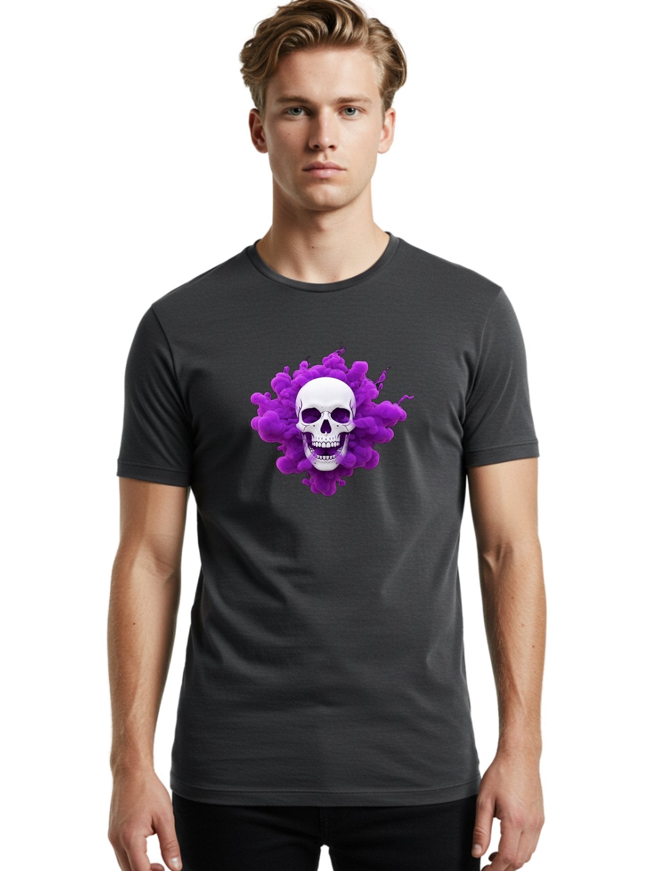 Skull-Purple-Smoke Men'S Graphic Tee, 100% Cotton, Comfortable Casual Summer Wear, Machine Washable, Human Skull, Purple Smoke, Dark Art, Gothic Style, Mysterious Atmosphere, Surreal Imagery, Edgy Design, Vibrant Purple Hue Bad605 19