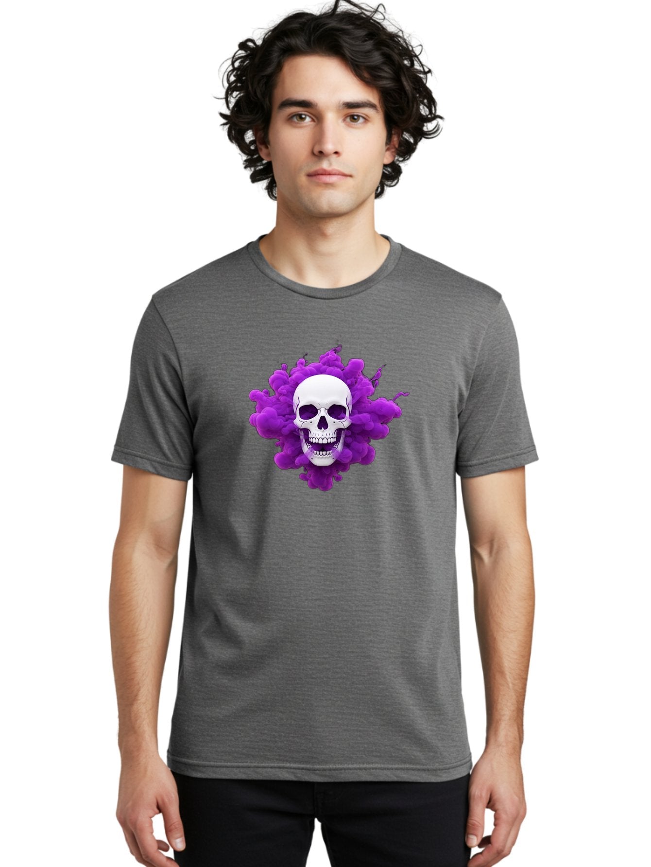 Skull-Purple-Smoke Men'S Graphic Tee, 100% Cotton, Comfortable Casual Summer Wear, Machine Washable, Human Skull, Purple Smoke, Dark Art, Gothic Style, Mysterious Atmosphere, Surreal Imagery, Edgy Design, Vibrant Purple Hue Bad605 21