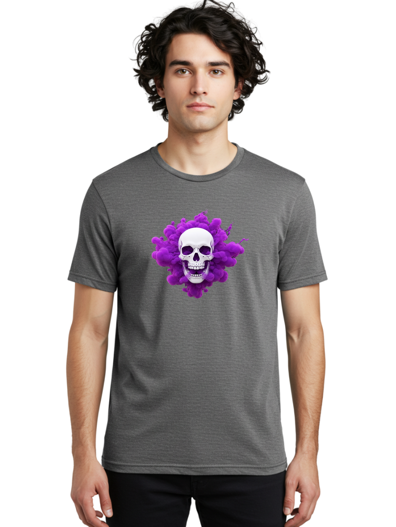 Skull-Purple-Smoke Men'S Graphic Tee, 100% Cotton, Comfortable Casual Summer Wear, Machine Washable, Human Skull, Purple Smoke, Dark Art, Gothic Style, Mysterious Atmosphere, Surreal Imagery, Edgy Design, Vibrant Purple Hue Bad605 25