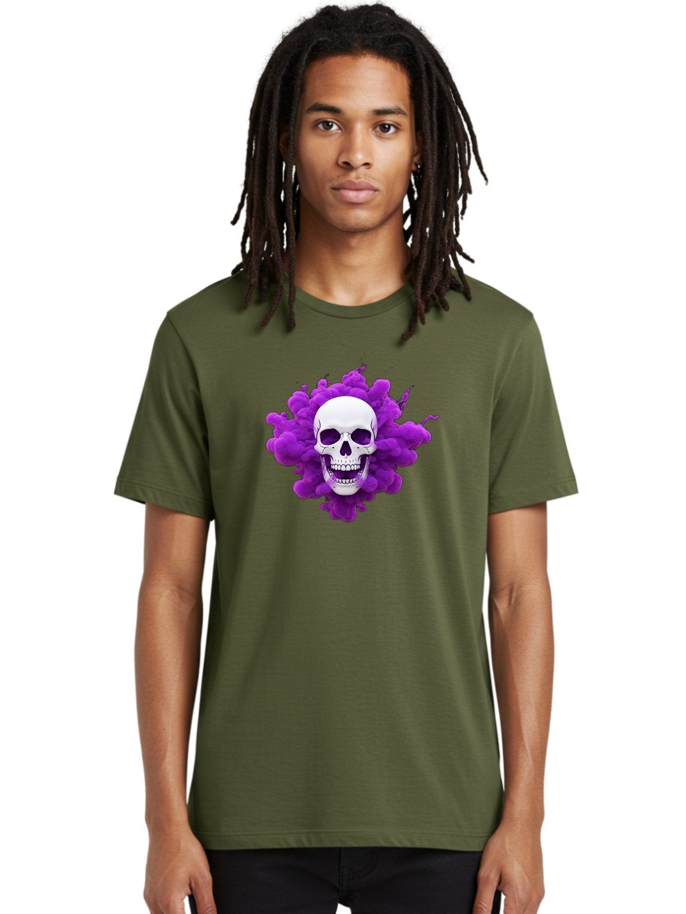 Skull-Purple-Smoke Men'S Graphic Tee, 100% Cotton, Comfortable Casual Summer Wear, Machine Washable, Human Skull, Purple Smoke, Dark Art, Gothic Style, Mysterious Atmosphere, Surreal Imagery, Edgy Design, Vibrant Purple Hue Bad605 24
