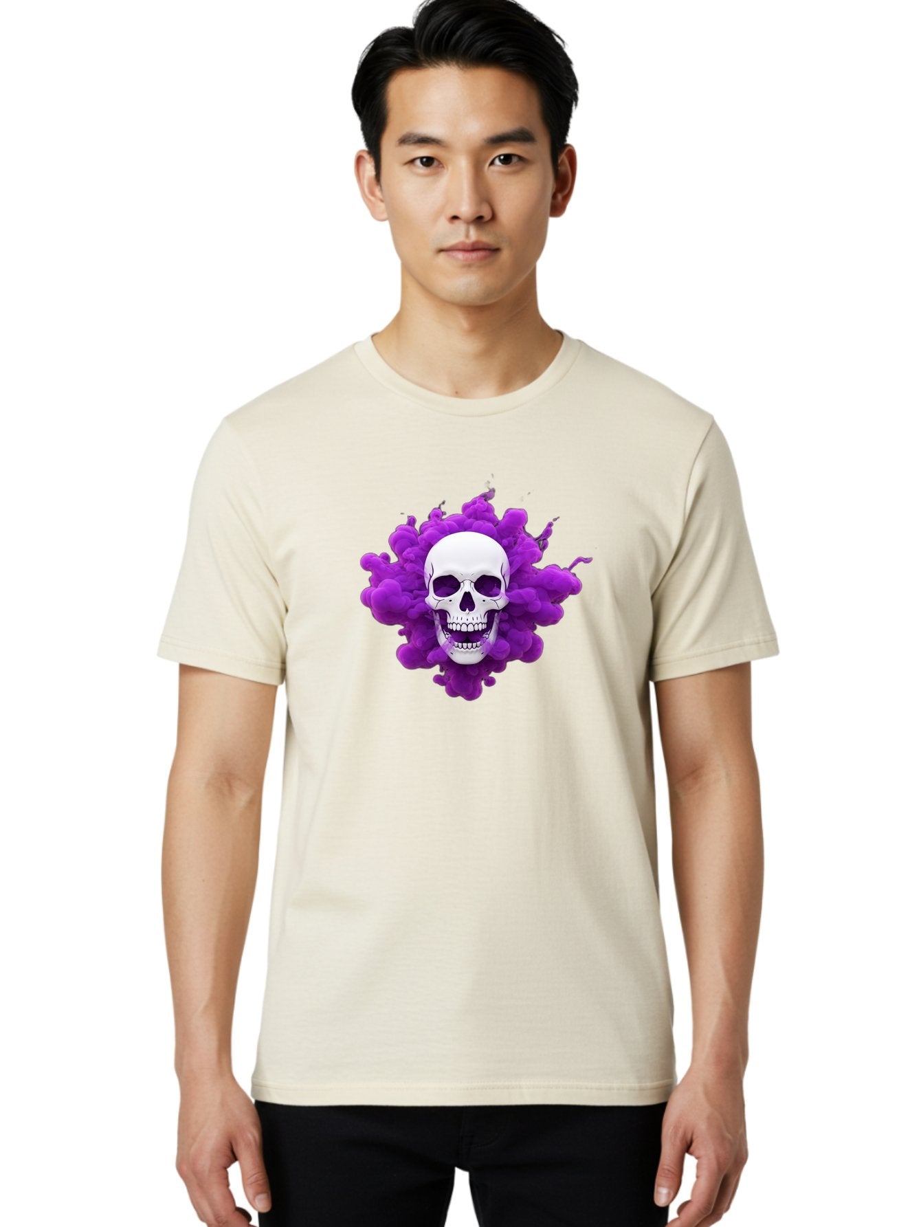 Skull-Purple-Smoke Men'S Graphic Tee, 100% Cotton, Comfortable Casual Summer Wear, Machine Washable, Human Skull, Purple Smoke, Dark Art, Gothic Style, Mysterious Atmosphere, Surreal Imagery, Edgy Design, Vibrant Purple Hue Bad605 25