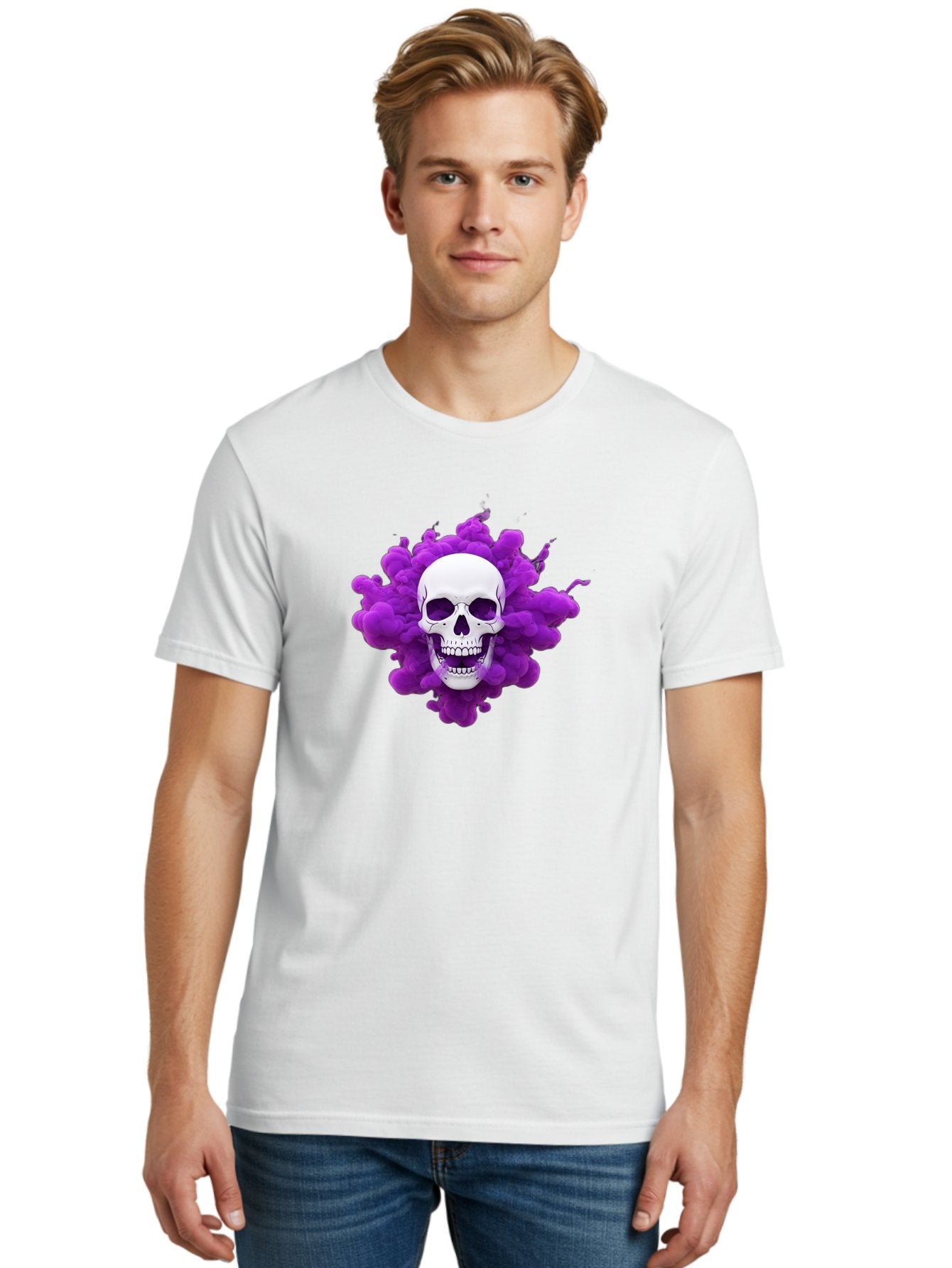 Skull-Purple-Smoke Men'S Graphic Tee, 100% Cotton, Comfortable Casual Summer Wear, Machine Washable, Human Skull, Purple Smoke, Dark Art, Gothic Style, Mysterious Atmosphere, Surreal Imagery, Edgy Design, Vibrant Purple Hue Bad605 26