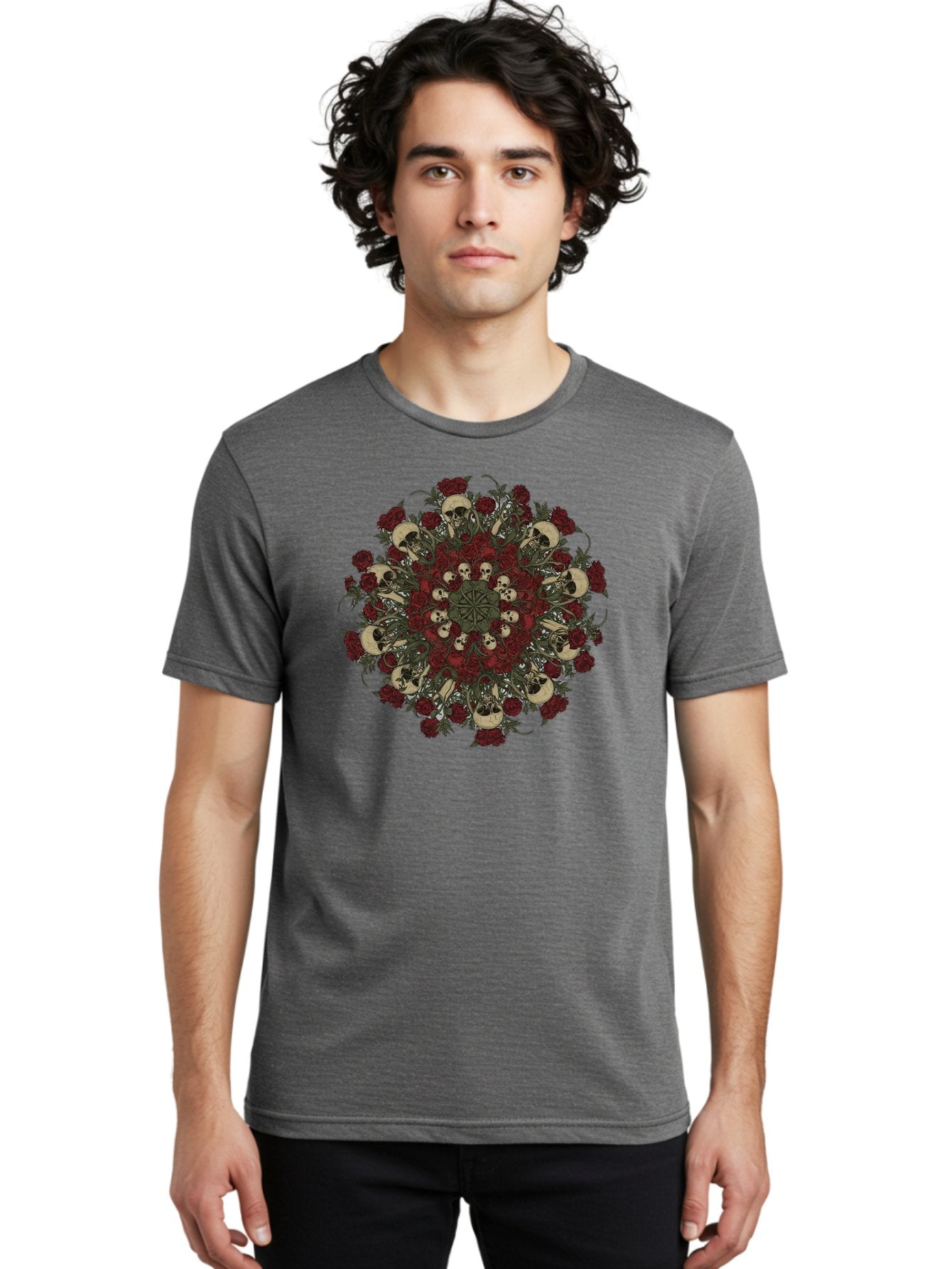 Skull-Rose-Mandala Men'S Graphic Tee, 100% Cotton, Comfortable Casual Summer Wear, Machine Washable, Skull Mandala, Dark Art, Floral Design, Red Roses, Skulls And Flowers, Intricate Patterns, Gothic Style, Mystical Symbols, Sacred Geometry, Bad606 24