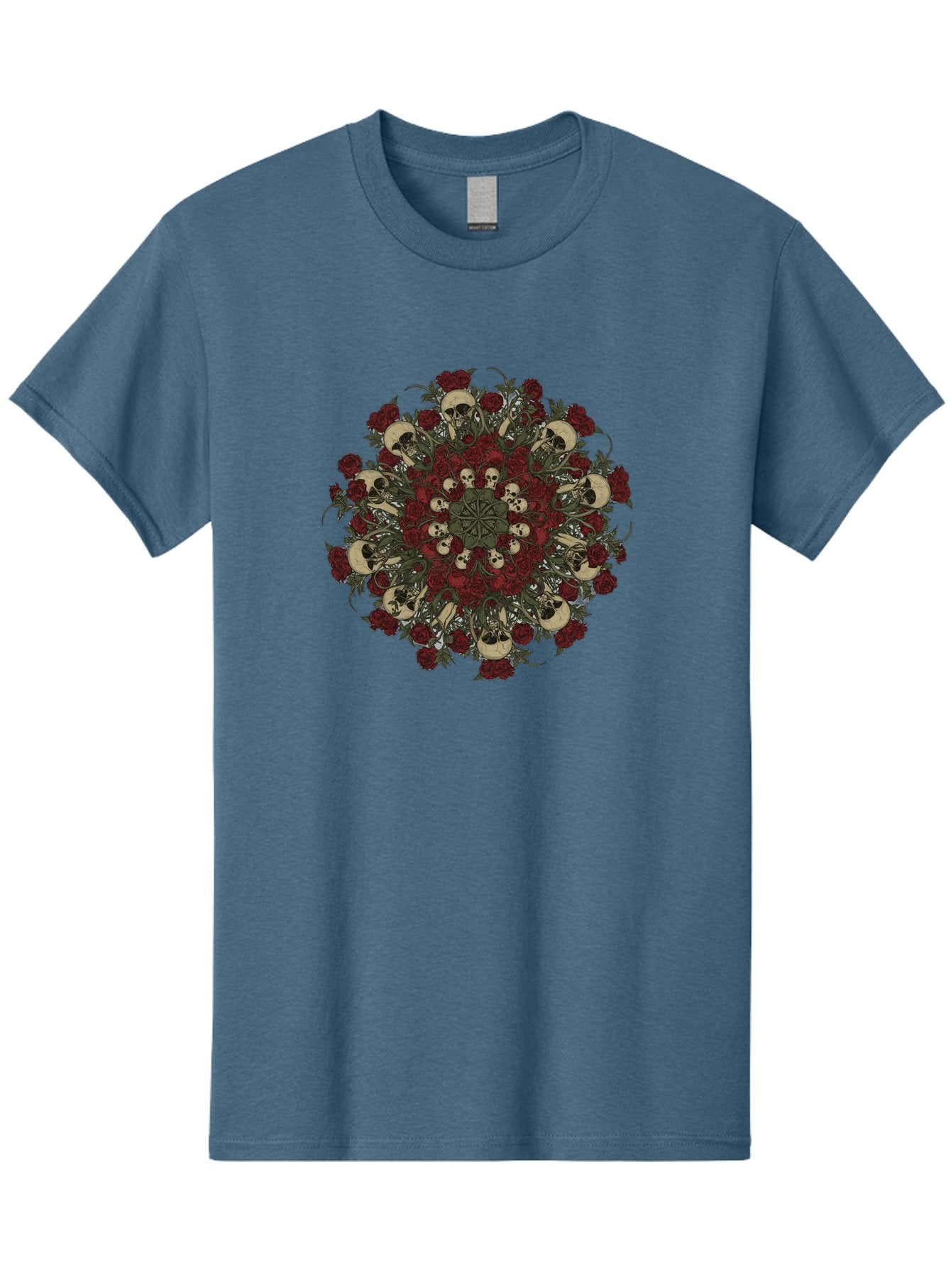 Skull-Rose-Mandala Men'S Graphic Tee, 100% Cotton, Comfortable Casual Summer Wear, Machine Washable, Skull Mandala, Dark Art, Floral Design, Red Roses, Skulls And Flowers, Intricate Patterns, Gothic Style, Mystical Symbols, Sacred Geometry, Bad606 11