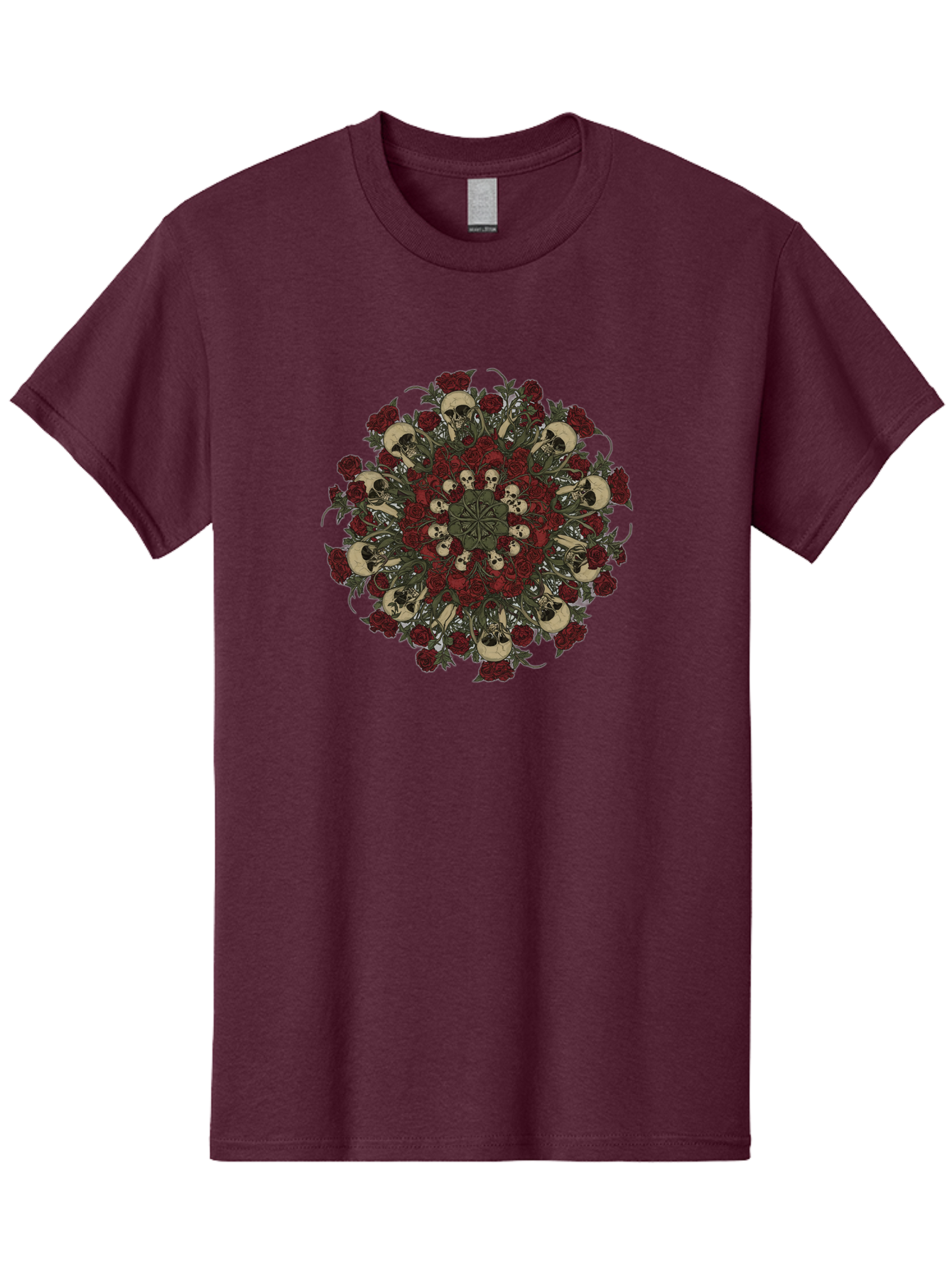 Skull-Rose-Mandala Men'S Graphic Tee, 100% Cotton, Comfortable Casual Summer Wear, Machine Washable, Skull Mandala, Dark Art, Floral Design, Red Roses, Skulls And Flowers, Intricate Patterns, Gothic Style, Mystical Symbols, Sacred Geometry, Bad606 15