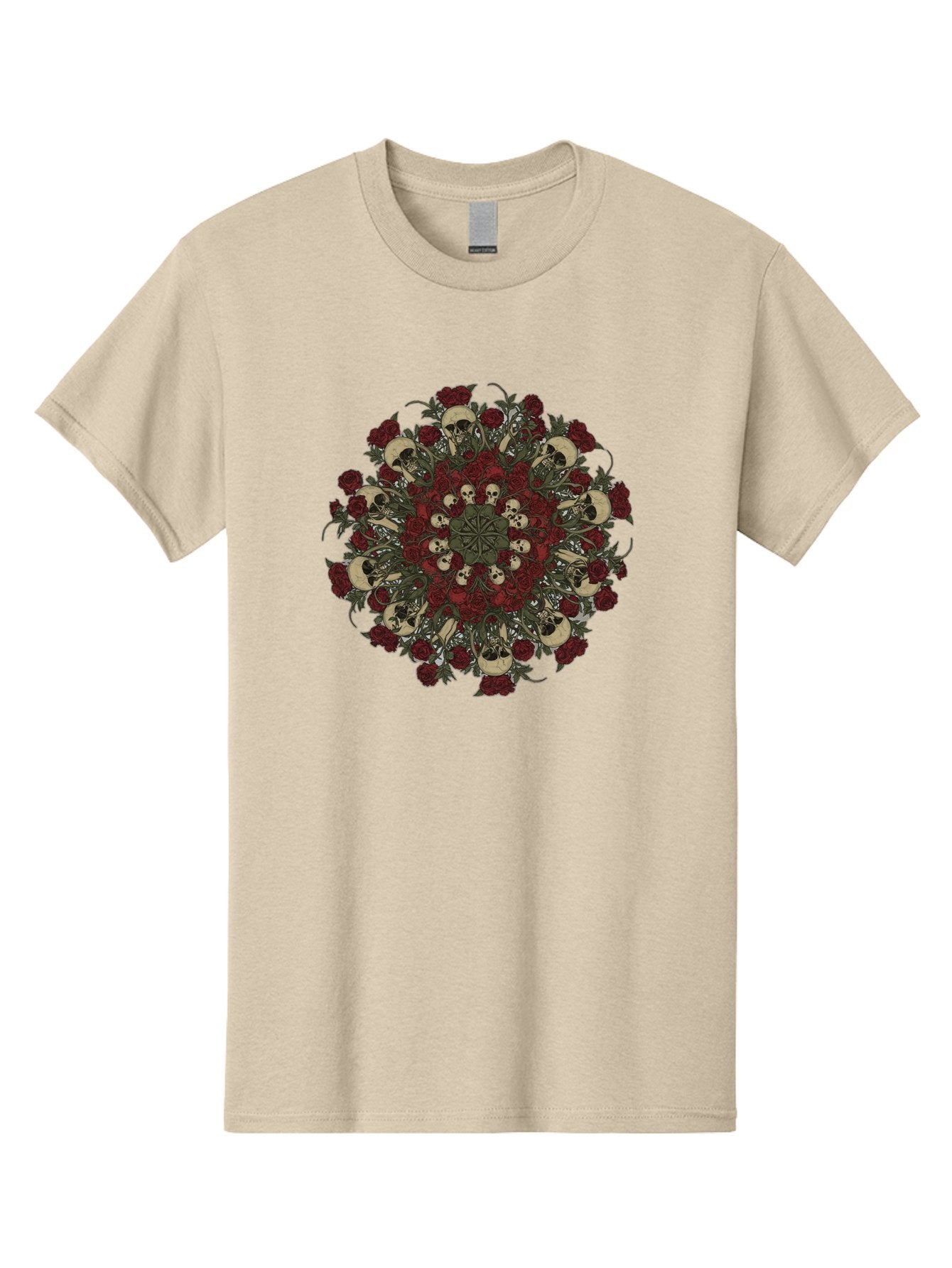 Skull-Rose-Mandala Men'S Graphic Tee, 100% Cotton, Comfortable Casual Summer Wear, Machine Washable, Skull Mandala, Dark Art, Floral Design, Red Roses, Skulls And Flowers, Intricate Patterns, Gothic Style, Mystical Symbols, Sacred Geometry, Bad606 15