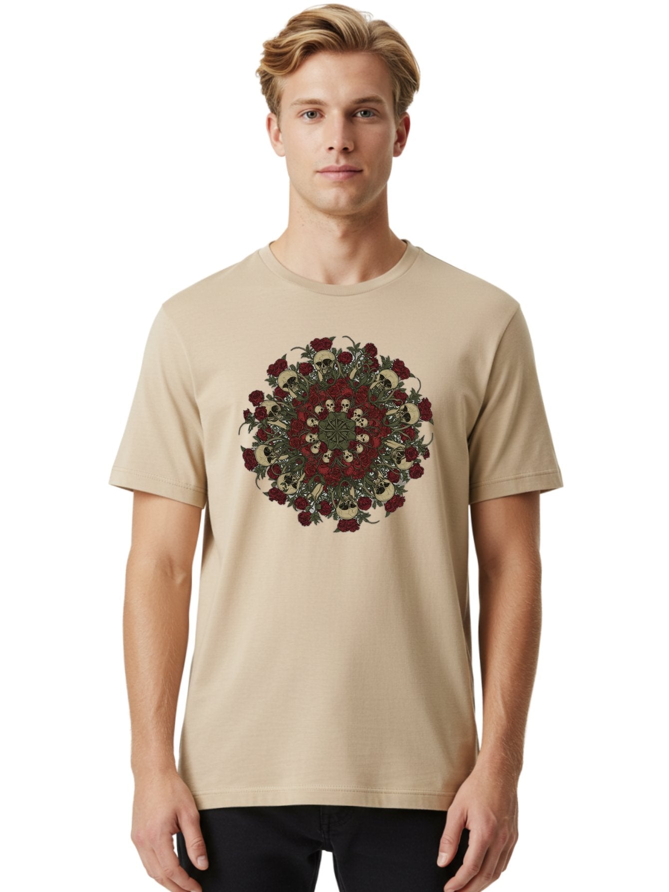 Skull-Rose-Mandala Men'S Graphic Tee, 100% Cotton, Comfortable Casual Summer Wear, Machine Washable, Skull Mandala, Dark Art, Floral Design, Red Roses, Skulls And Flowers, Intricate Patterns, Gothic Style, Mystical Symbols, Sacred Geometry, Bad606 30