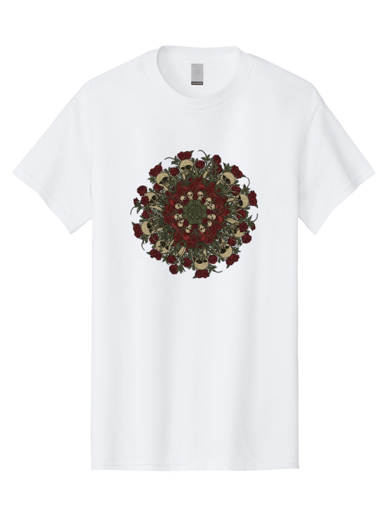 Skull-Rose-Mandala Men'S Graphic Tee, 100% Cotton, Comfortable Casual Summer Wear, Machine Washable, Skull Mandala, Dark Art, Floral Design, Red Roses, Skulls And Flowers, Intricate Patterns, Gothic Style, Mystical Symbols, Sacred Geometry, Bad606