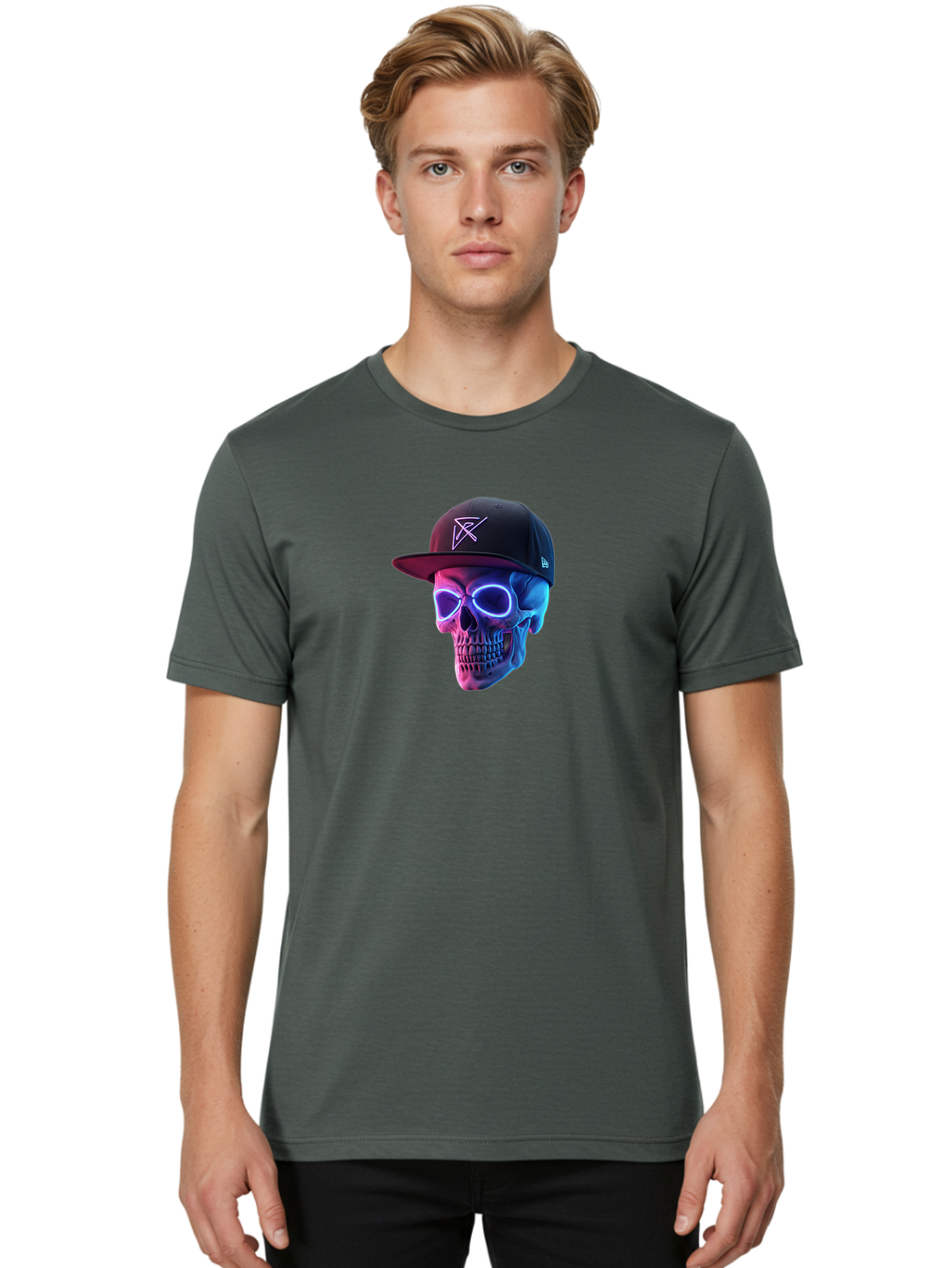 Skull-With-Baseball-Cap Men'S Graphic Tee, 100% Cotton, Comfortable Casual Summer Wear, Machine Washable, Glowing Skull, Neon Eyes, Zx Hat Logo, Futuristic Design, Edgy Style, Bold Graphics, Streetwear Fashion, Skull Art Bad607 28
