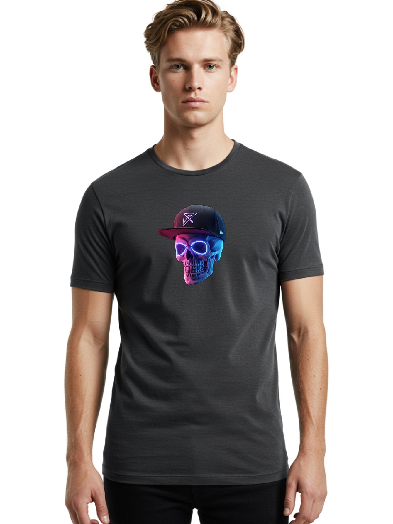Skull-With-Baseball-Cap Men'S Graphic Tee, 100% Cotton, Comfortable Casual Summer Wear, Machine Washable, Glowing Skull, Neon Eyes, Zx Hat Logo, Futuristic Design, Edgy Style, Bold Graphics, Streetwear Fashion, Skull Art Bad607 28