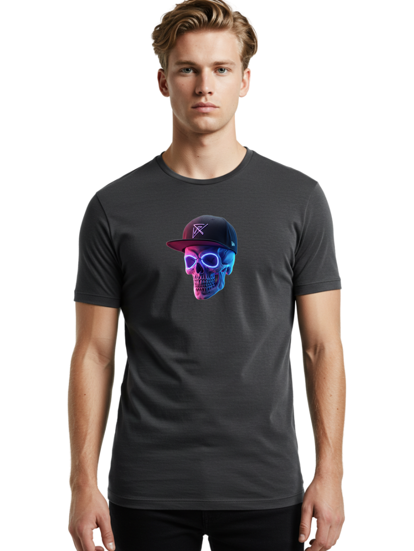 Skull-With-Baseball-Cap Men'S Graphic Tee, 100% Cotton, Comfortable Casual Summer Wear, Machine Washable, Glowing Skull, Neon Eyes, Zx Hat Logo, Futuristic Design, Edgy Style, Bold Graphics, Streetwear Fashion, Skull Art Bad607 18