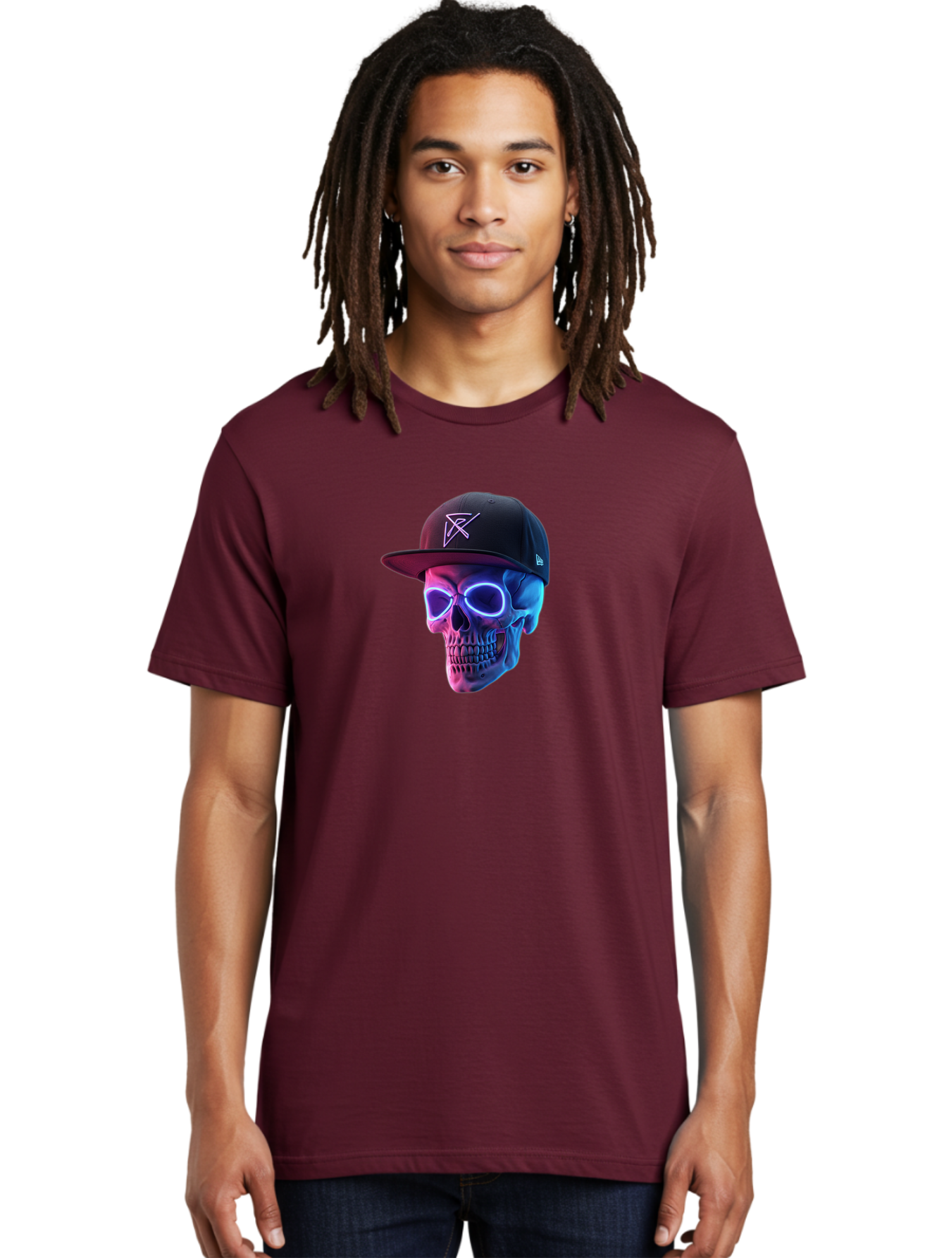 Skull-With-Baseball-Cap Men'S Graphic Tee, 100% Cotton, Comfortable Casual Summer Wear, Machine Washable, Glowing Skull, Neon Eyes, Zx Hat Logo, Futuristic Design, Edgy Style, Bold Graphics, Streetwear Fashion, Skull Art Bad607 23