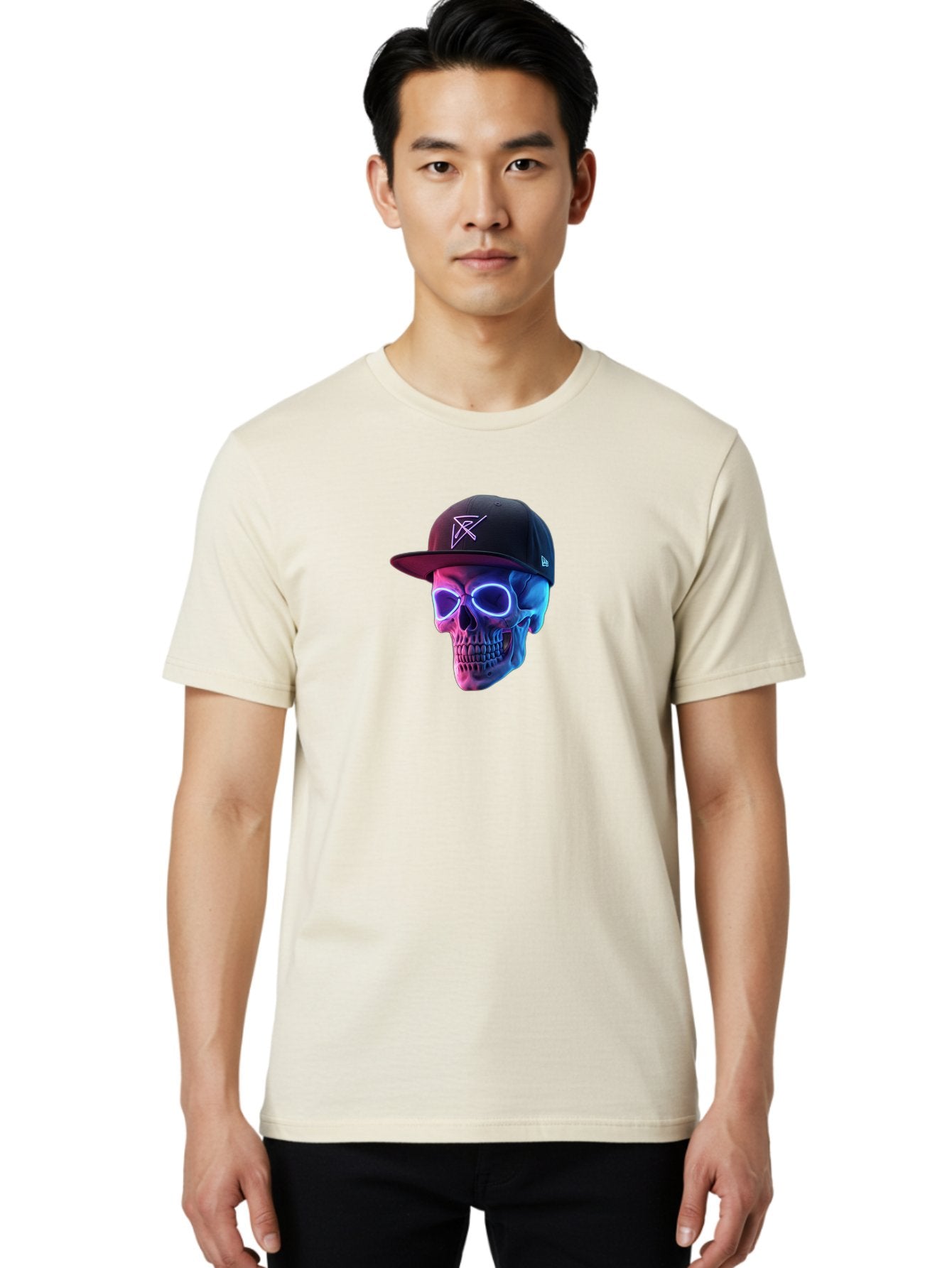 Skull-With-Baseball-Cap Men'S Graphic Tee, 100% Cotton, Comfortable Casual Summer Wear, Machine Washable, Glowing Skull, Neon Eyes, Zx Hat Logo, Futuristic Design, Edgy Style, Bold Graphics, Streetwear Fashion, Skull Art Bad607 30