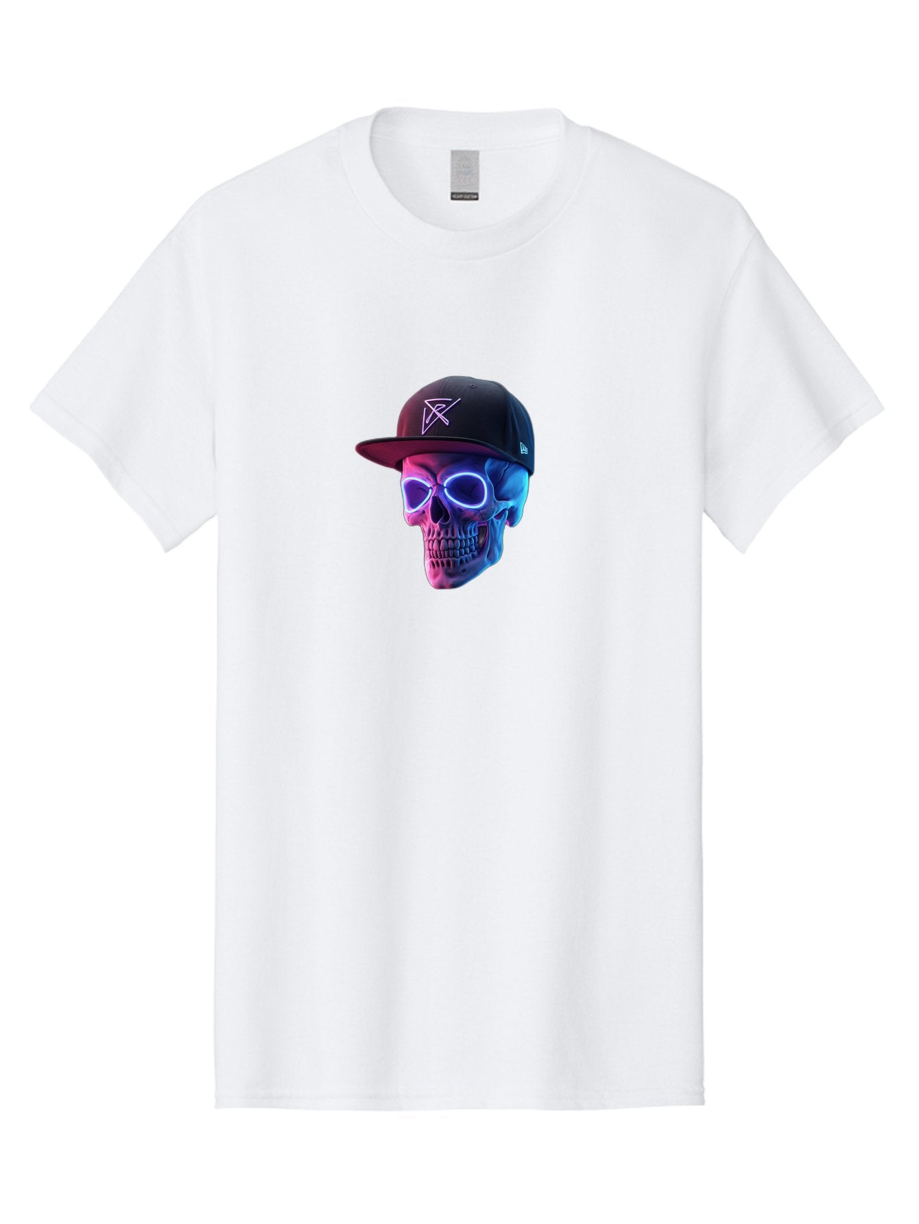 Skull-With-Baseball-Cap Men'S Graphic Tee, 100% Cotton, Comfortable Casual Summer Wear, Machine Washable, Glowing Skull, Neon Eyes, Zx Hat Logo, Futuristic Design, Edgy Style, Bold Graphics, Streetwear Fashion, Skull Art Bad607 3