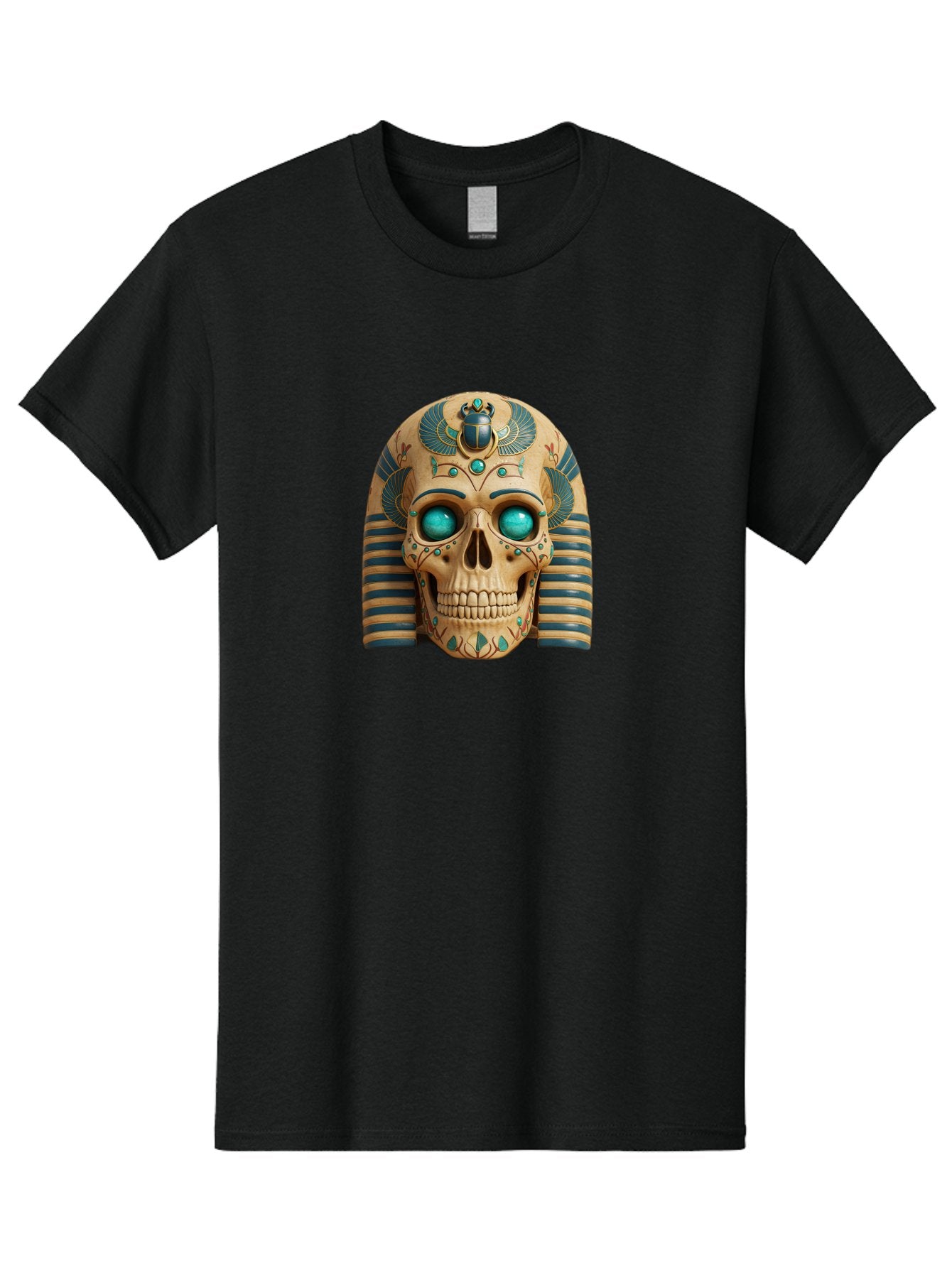 Skull-With-Egyptian-Headdress Men'S Graphic Tee, 100% Cotton, Comfortable Casual Summer Wear, Machine Washable, Ancient Egyptian Skull, Pharaoh'S Mask, Turquoise Gemstones, Blue Stripes, Scarab Beetle, Mystical Symbols, Intricate Designs, Bad608 7