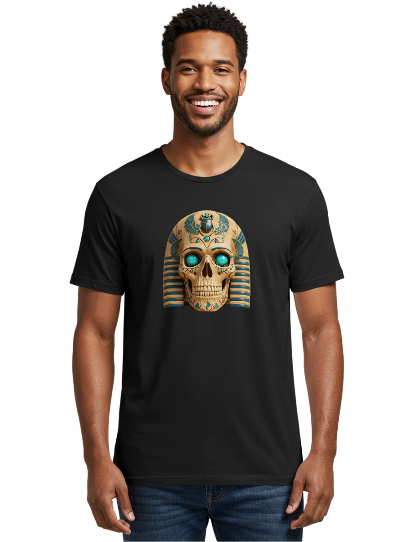 Skull-With-Egyptian-Headdress Men'S Graphic Tee, 100% Cotton, Comfortable Casual Summer Wear, Machine Washable, Ancient Egyptian Skull, Pharaoh'S Mask, Turquoise Gemstones, Blue Stripes, Scarab Beetle, Mystical Symbols, Intricate Designs, Bad608 16