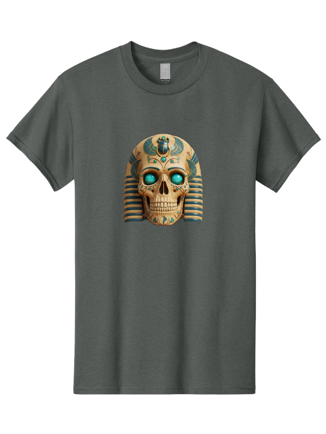 Skull-With-Egyptian-Headdress Men'S Graphic Tee, 100% Cotton, Comfortable Casual Summer Wear, Machine Washable, Ancient Egyptian Skull, Pharaoh'S Mask, Turquoise Gemstones, Blue Stripes, Scarab Beetle, Mystical Symbols, Intricate Designs, Bad608 9